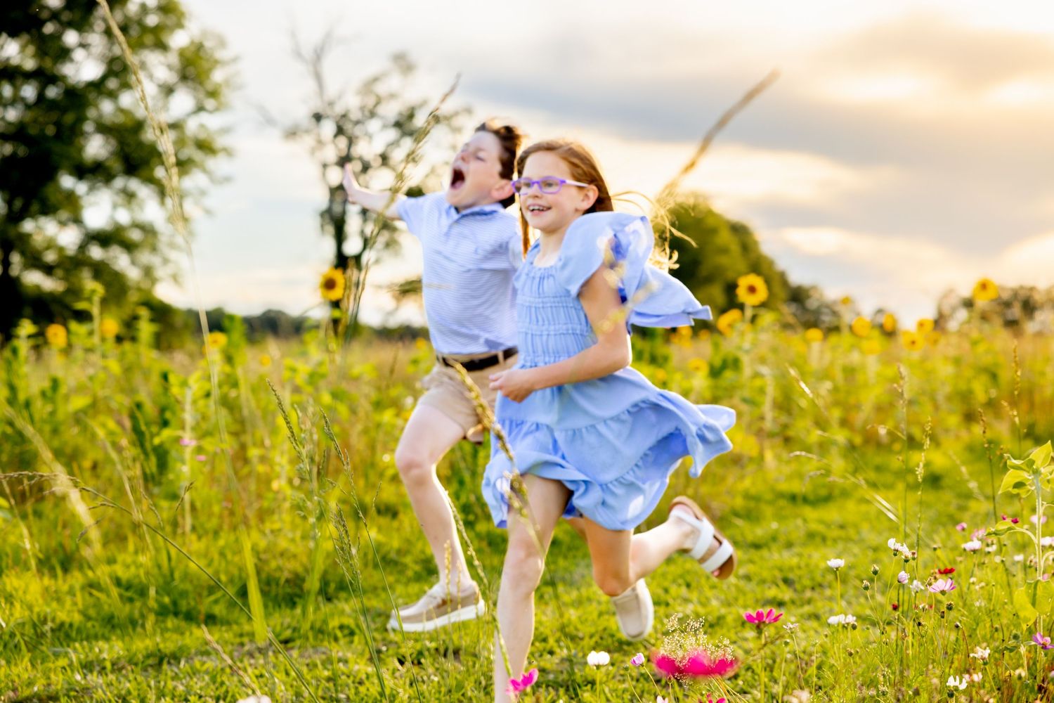Natural candid moments captured in a wildflower field during golden hour at Blue Hill Garden in Monroe, NC.