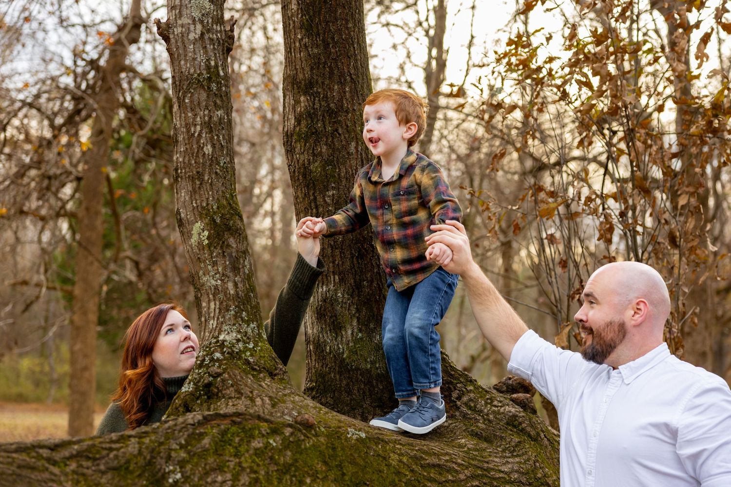 Series of joyful candid moments during a family photoshoot in a fall forest setting.