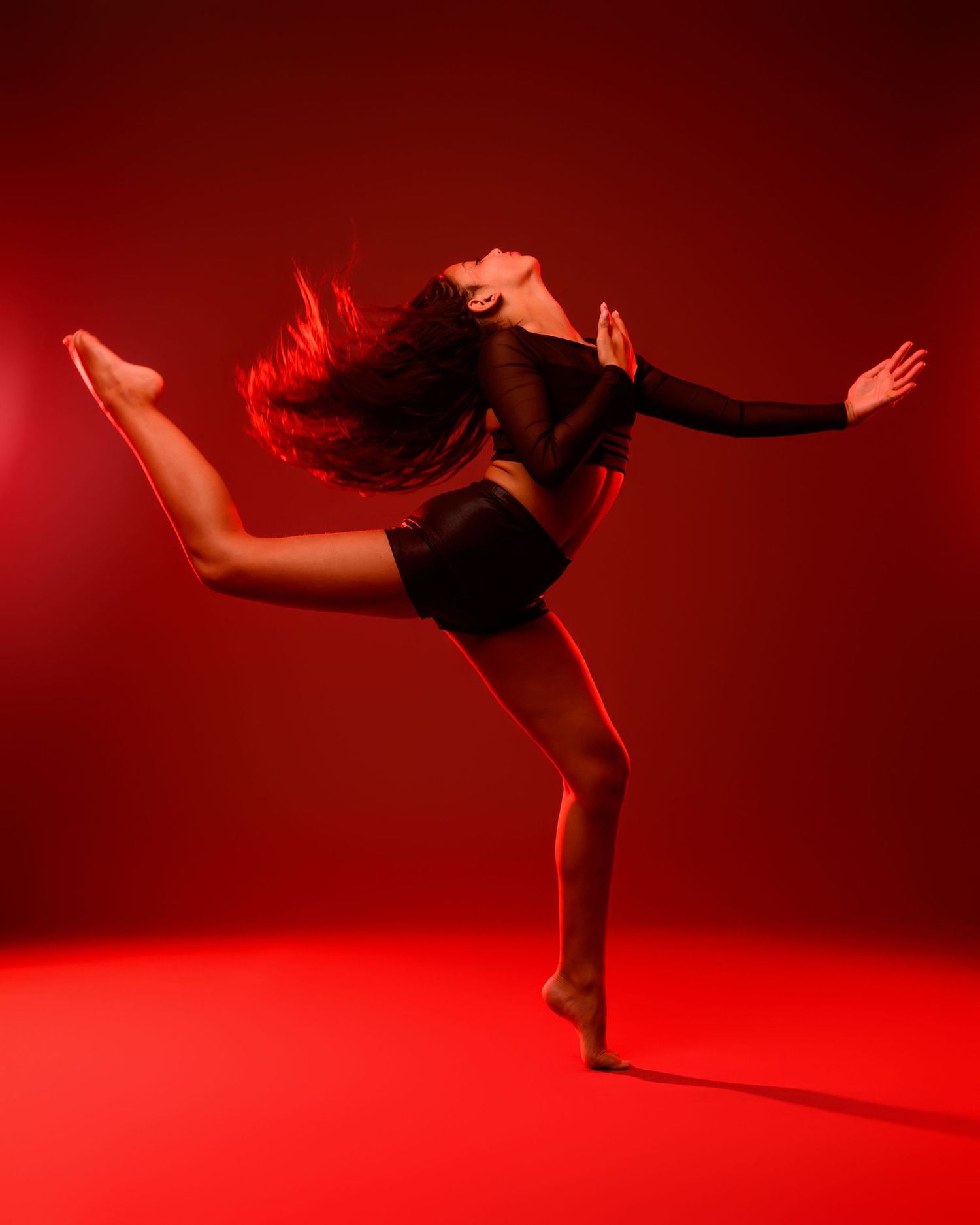 Dramatic silhouette of dancer in black leotard performing against red background.