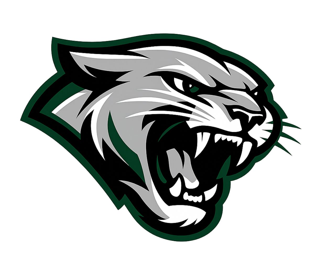 Fierce wildcat mascot logo in gray and green, roaring with sharp teeth, ideal for sports teams.