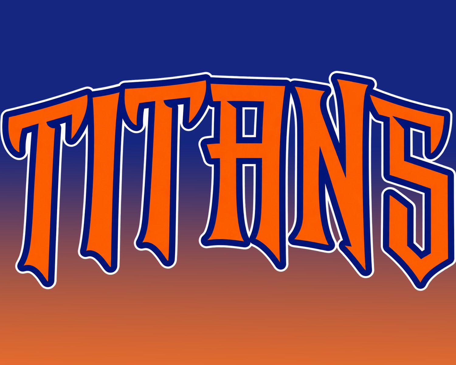 Bold orange Titans text with white outline on blue-to-orange gradient background, sports team logo design.