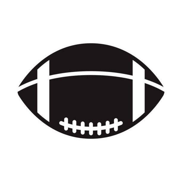 Black silhouette of an American football with white laces and seam lines on a white background.