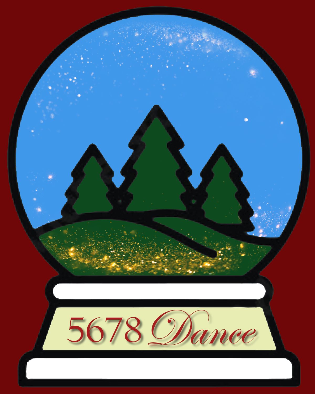 Snow globe with evergreen trees on a green hill, featuring 5678 Dance logo on a cream base, dark red background.