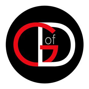 Black and red text logo design showing letters G, O, D arranged in a minimalist circular style.