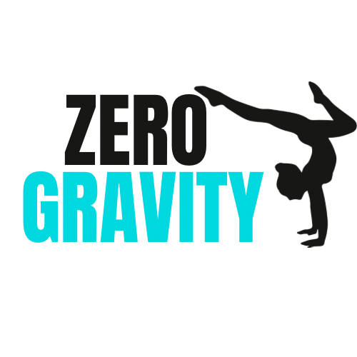 Zero Gravity logo featuring bold black and teal text with a gymnast silhouette performing a one-handed handstand.