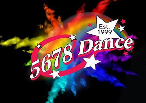 Colorful rainbow explosion background with 5678 Dance studio logo established 1999, featuring stars and vibrant hues.