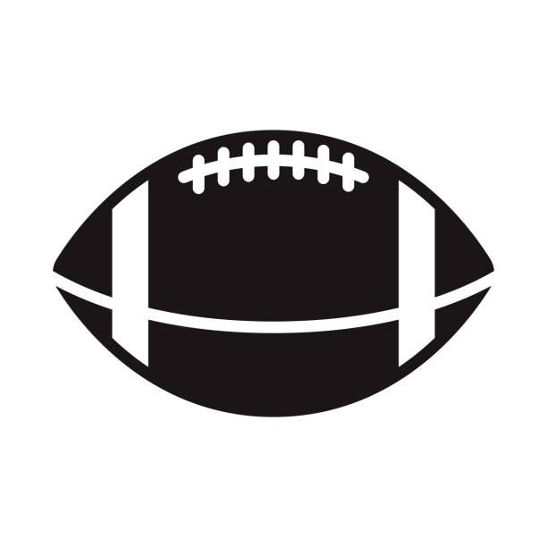 Black silhouette of an American football with white laces and stripes on a white background.