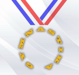 Gold medal with red, white, and blue ribbon featuring scattered golden letters arranged in a circular pattern.