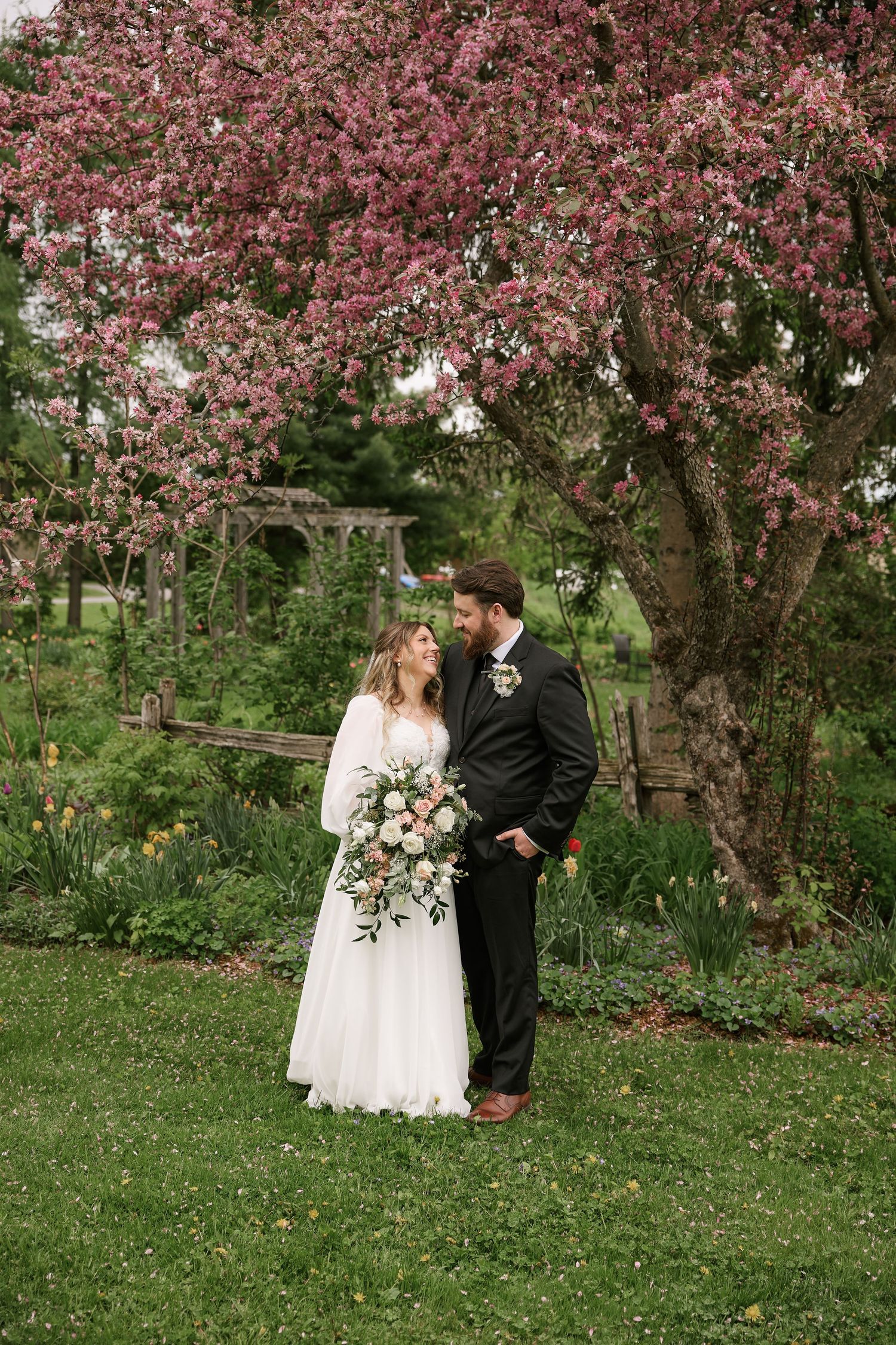 A couple shares a romantic moment under blooming pink cherry blossoms in a spring garden setting.
