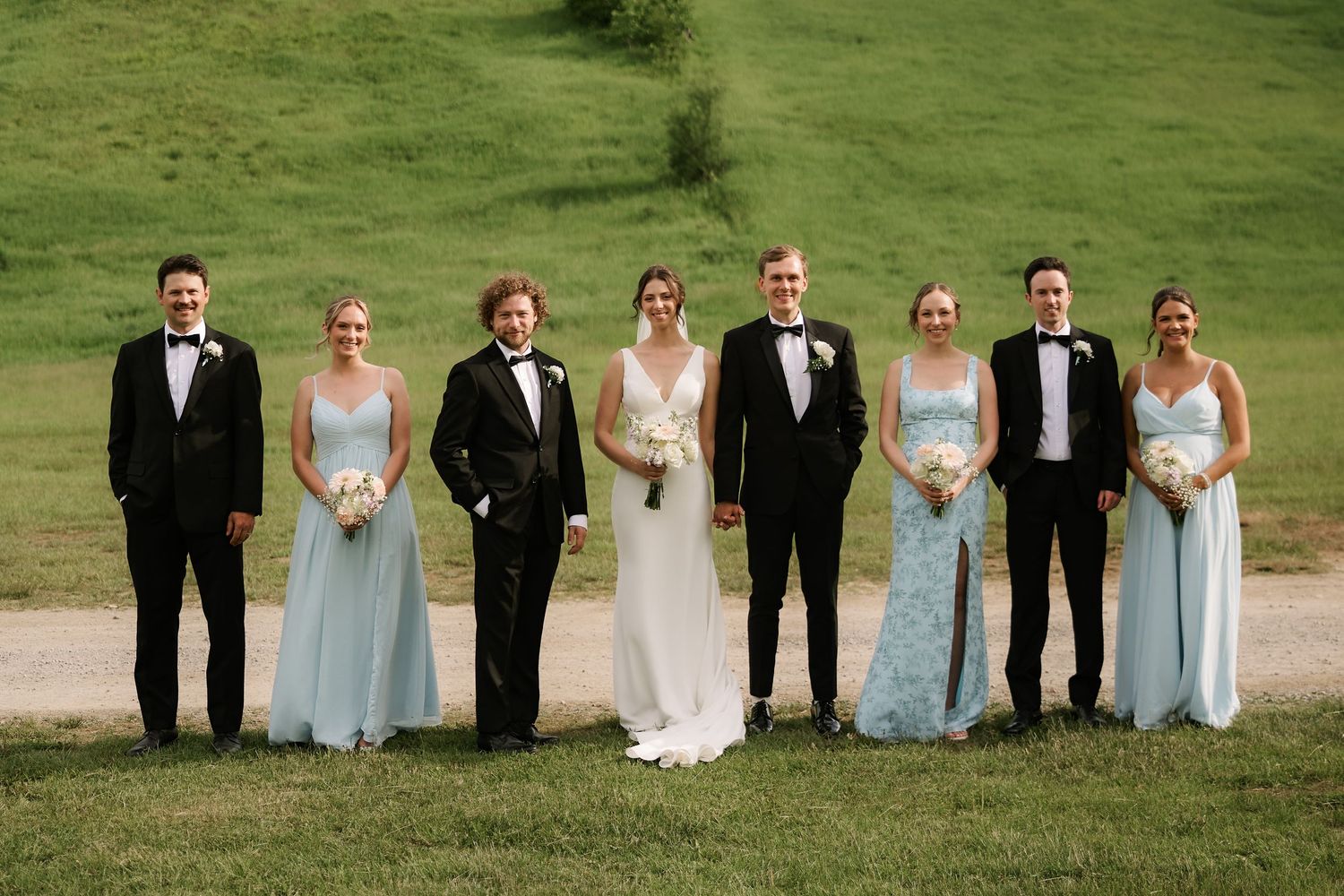 Wedding party posing outdoors on green hillside, bridesmaids in light blue gowns, groomsmen in black tuxedos, bride in white dress.