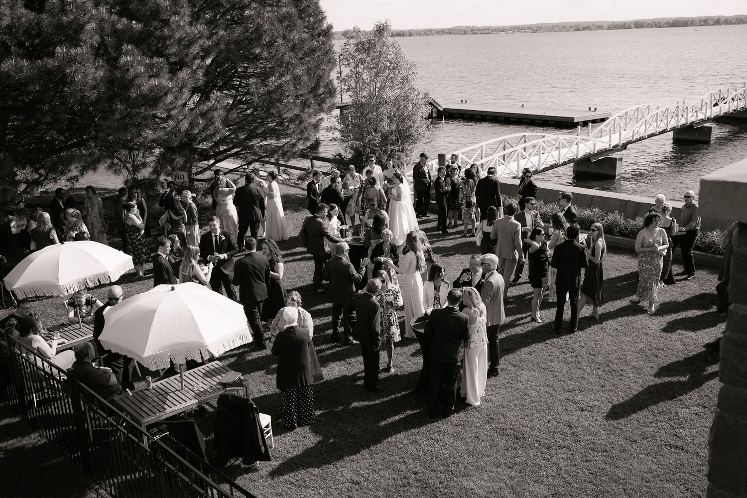 Black and white aerial view of an outdoor wedding reception by a lake with guests mingling on a lawn with umbrellas.