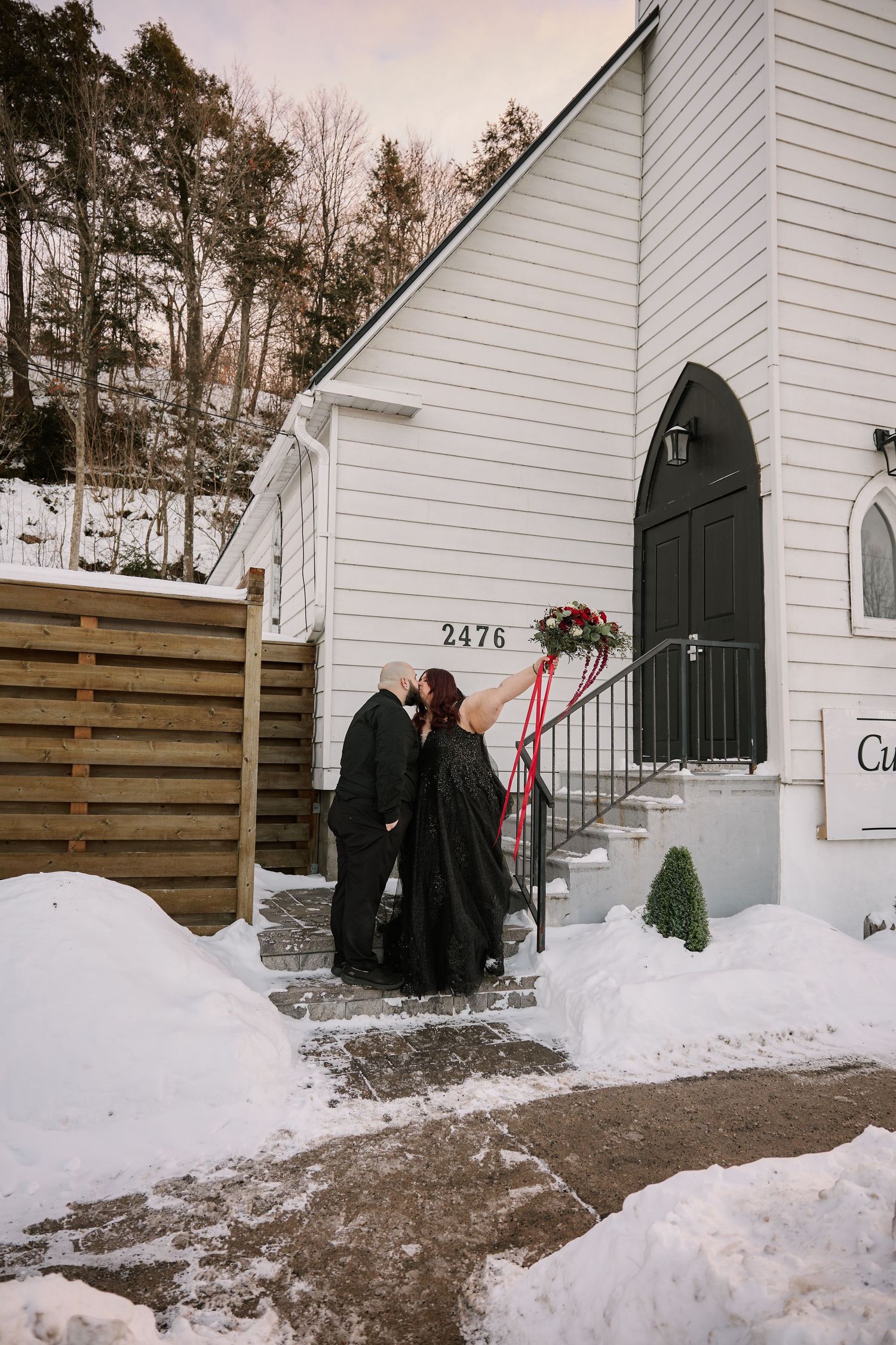 A series of photos showing a white church building exterior with snow on the ground and a dark door entrance.