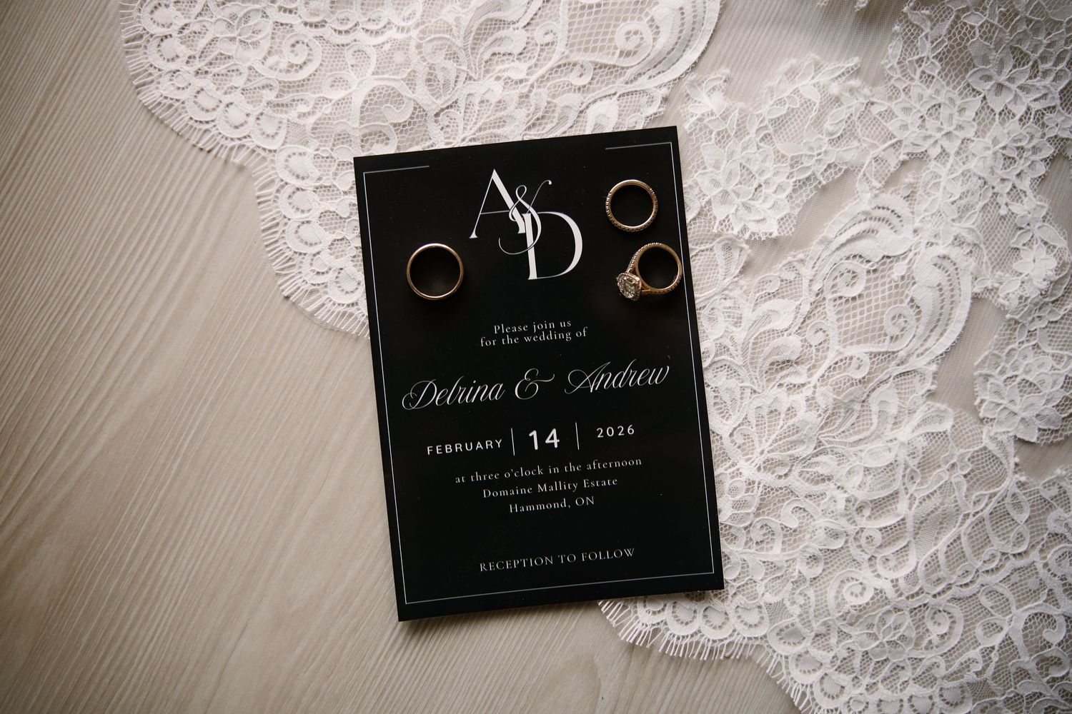Elegant black and white wedding invitation suite with calligraphy on lace background.