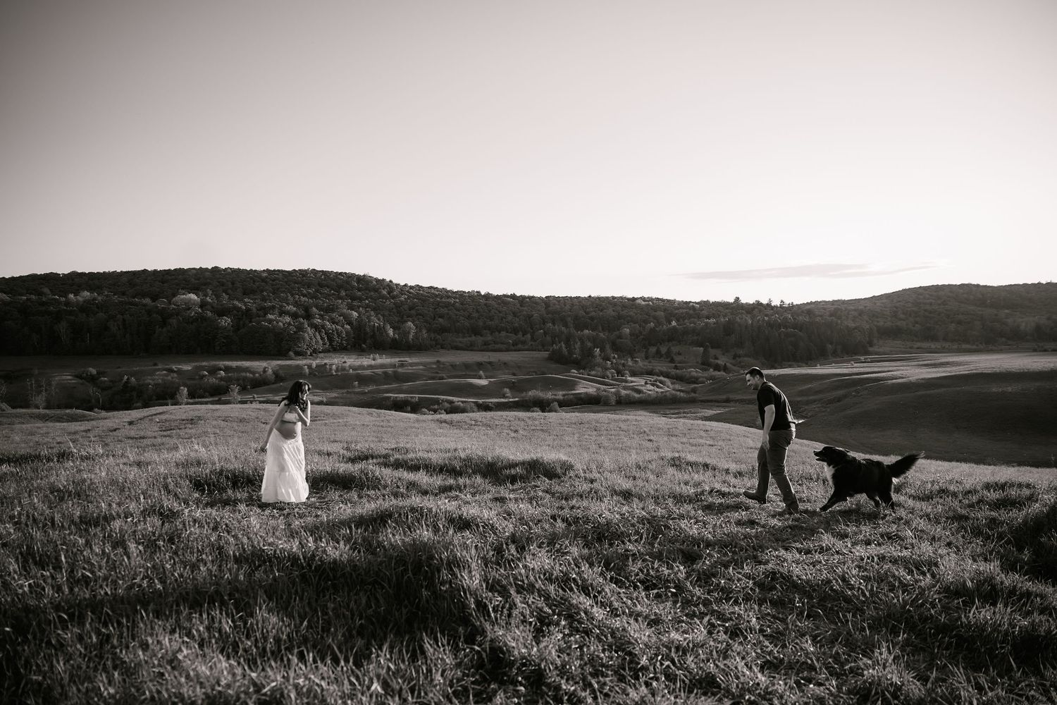 Two figures walk through a grassy field with their dog at dusk.
