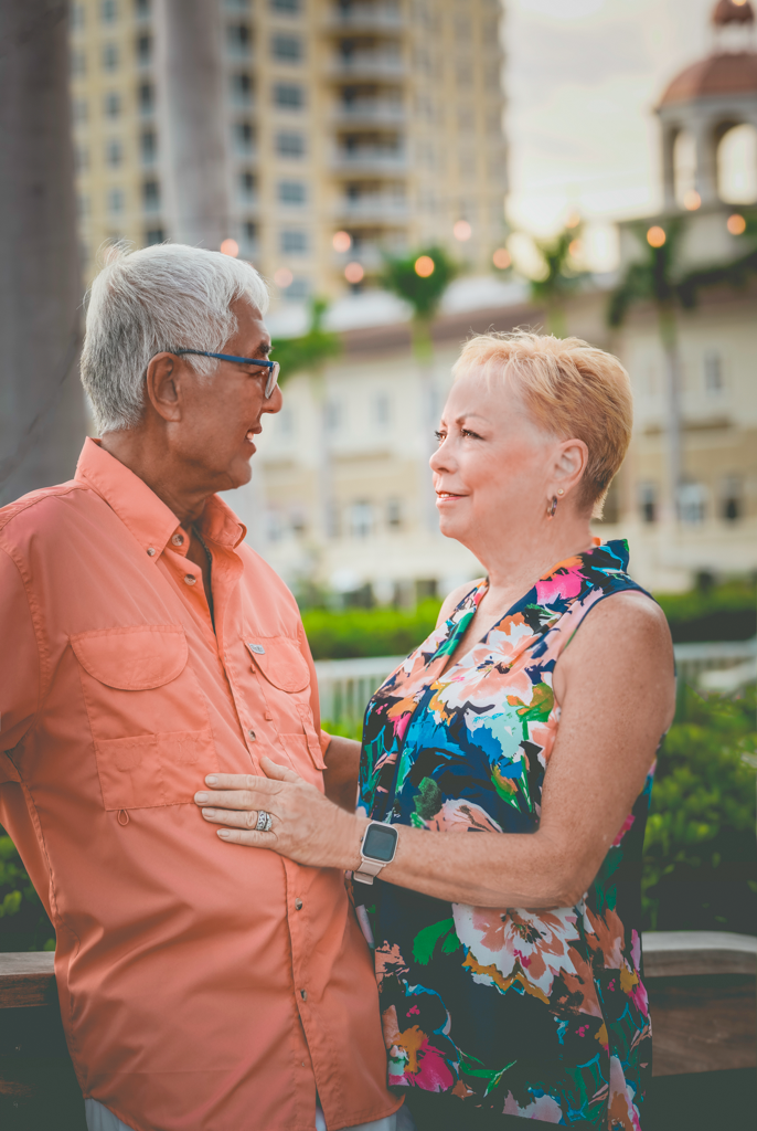 Sequence of dance photos showing a couple in formal wear enjoying a romantic moment on a patio.