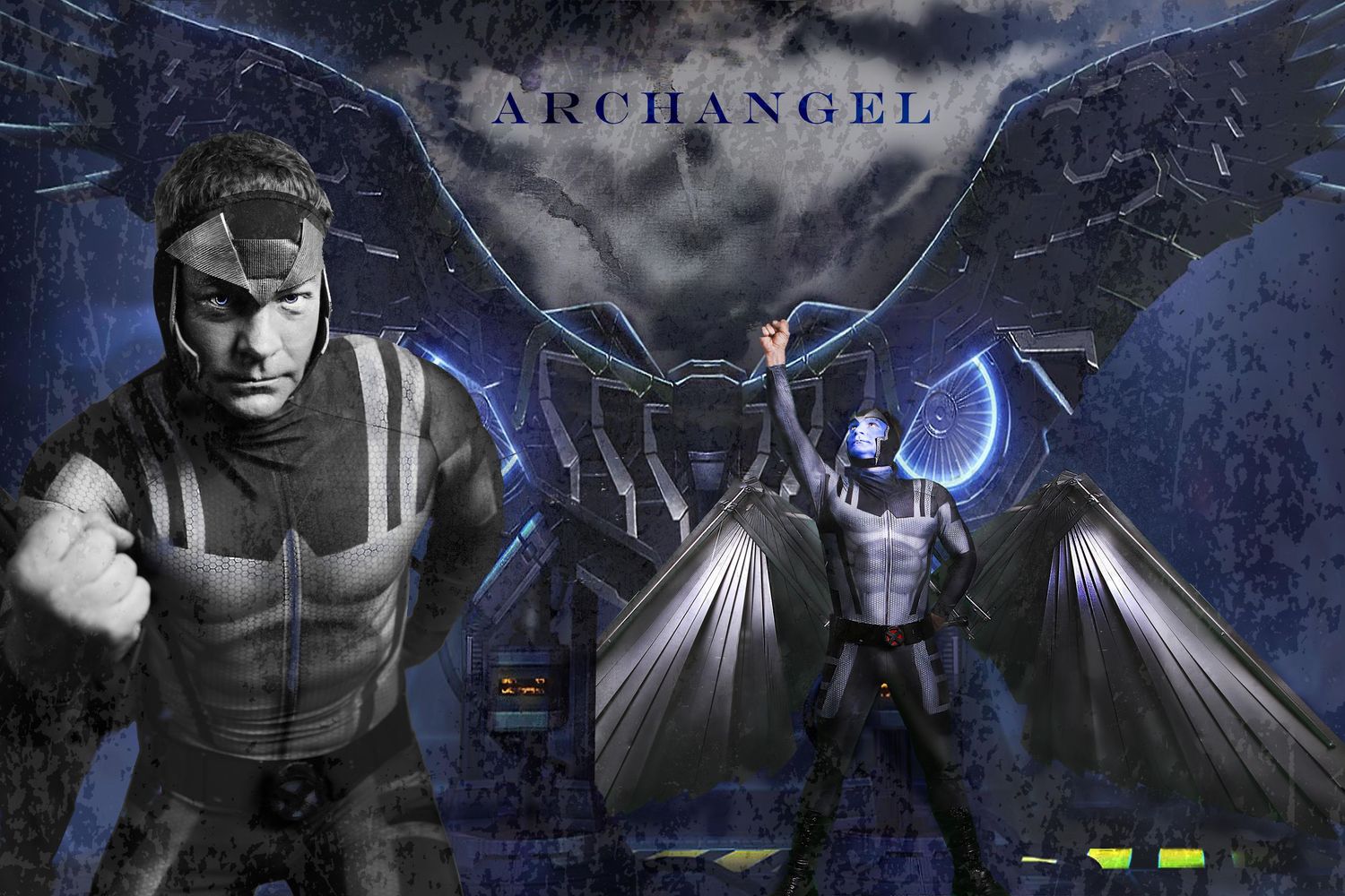 Dark fantasy artwork featuring winged figures and dramatic lighting effects.