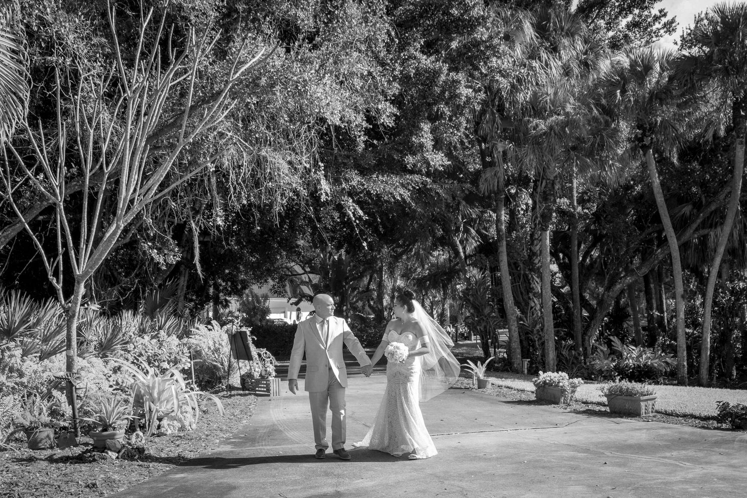 Wedding ceremony setup with white chairs and decorations under tall trees.
