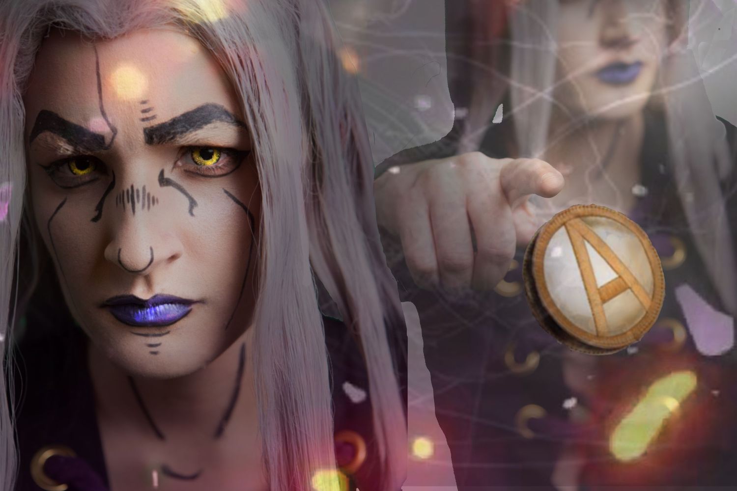 Fantasy character artwork featuring mystical elements and glowing orb against dark background.