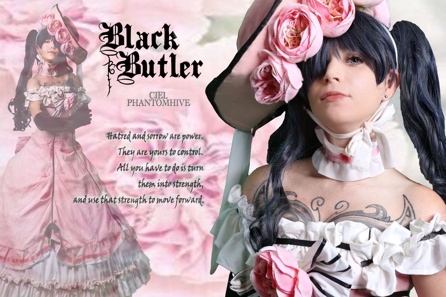 Pink-toned collage featuring gothic lolita fashion with roses and text elements.