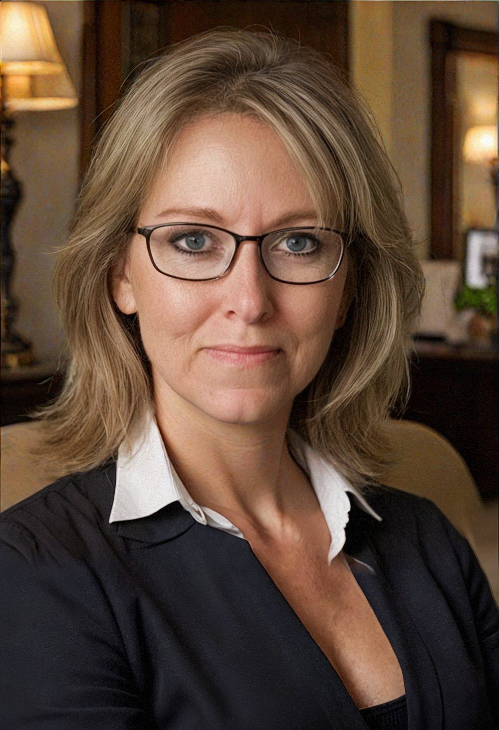 Professional headshots of a person in business attire against a warm interior background.