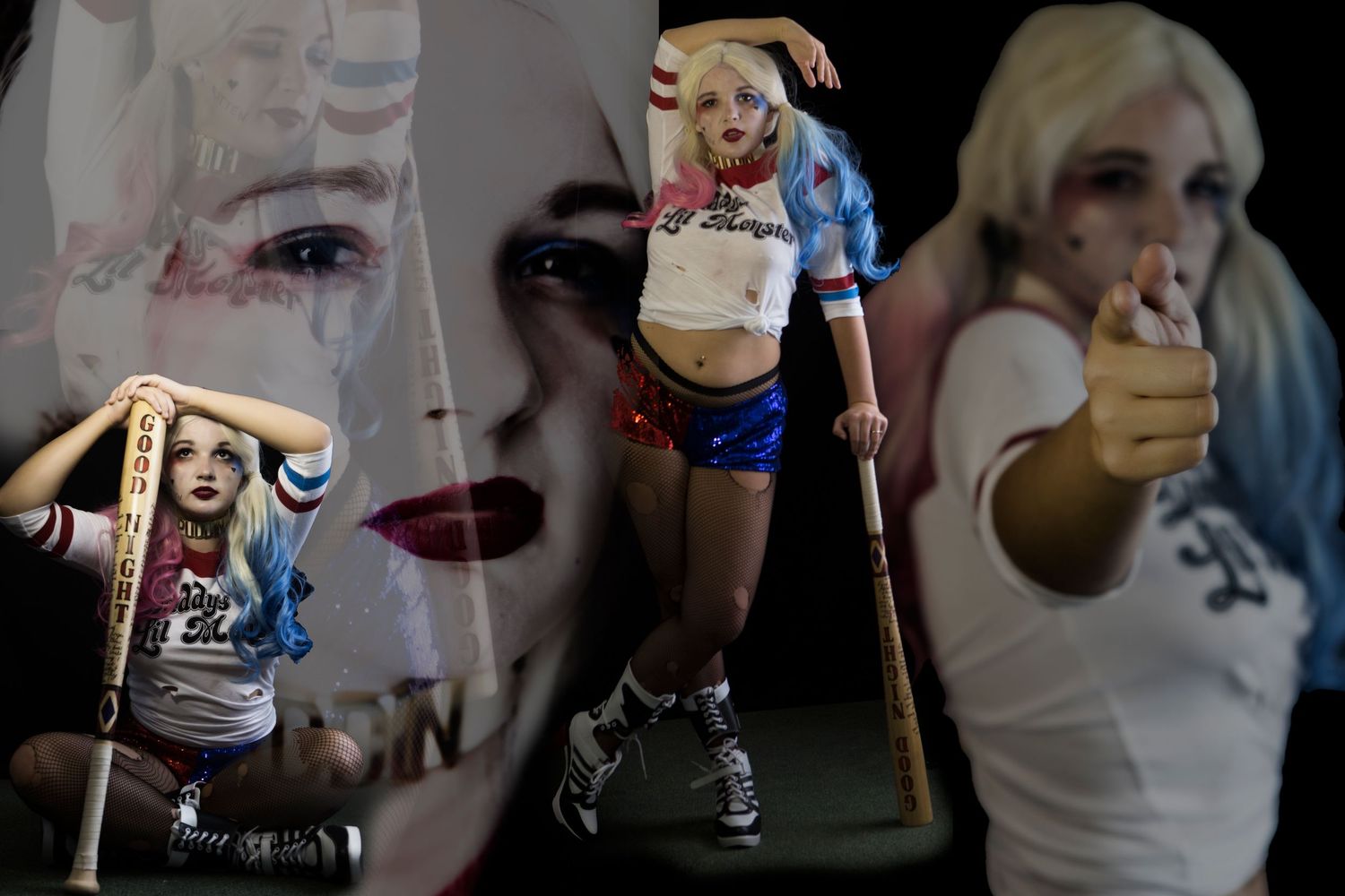 Cosplay composite in action-themed costumes.