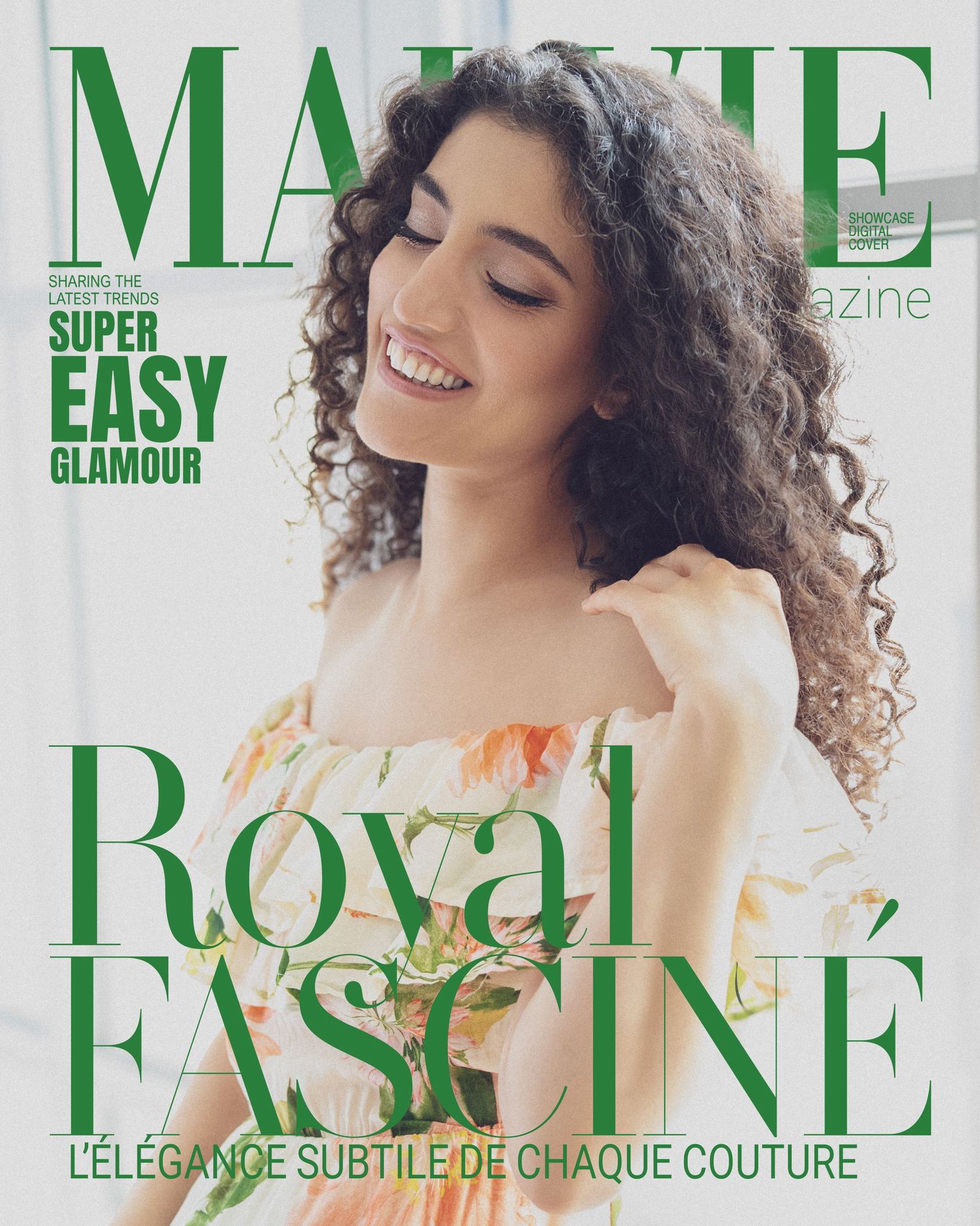 Magazine cover of Malvie featuring a smiling woman with curly hair in a floral dress, Royal Fascine edition.