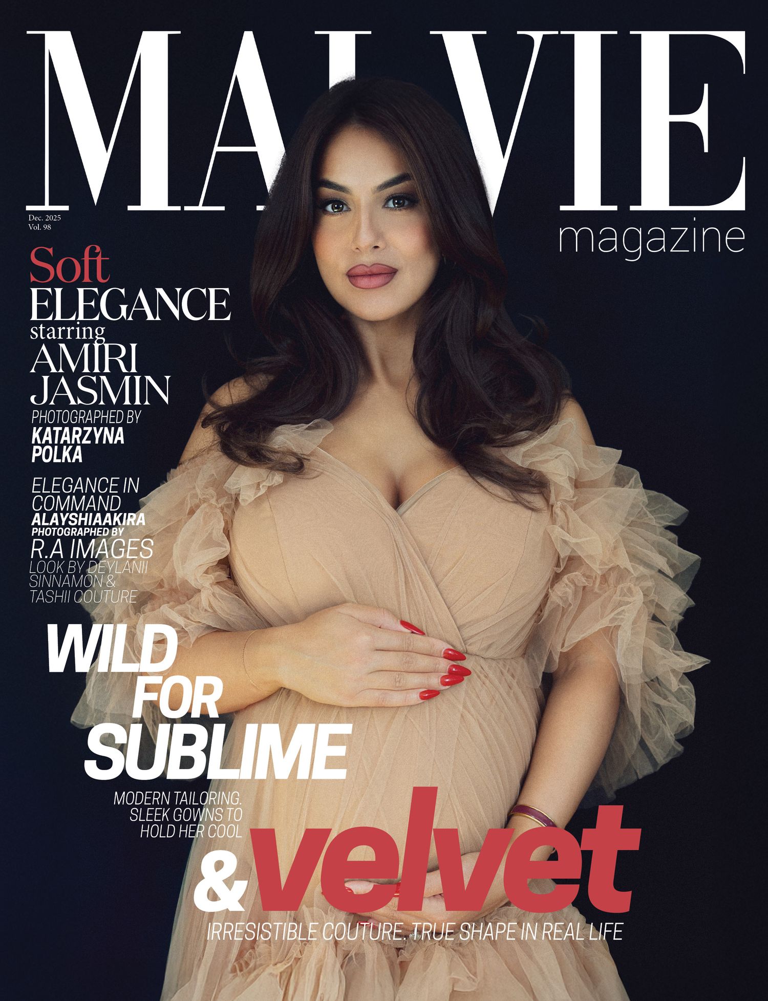 Malvie Magazine cover featuring model Amiri Jasmin in elegant beige ruffled gown, photographed by Katarzyna Polka.