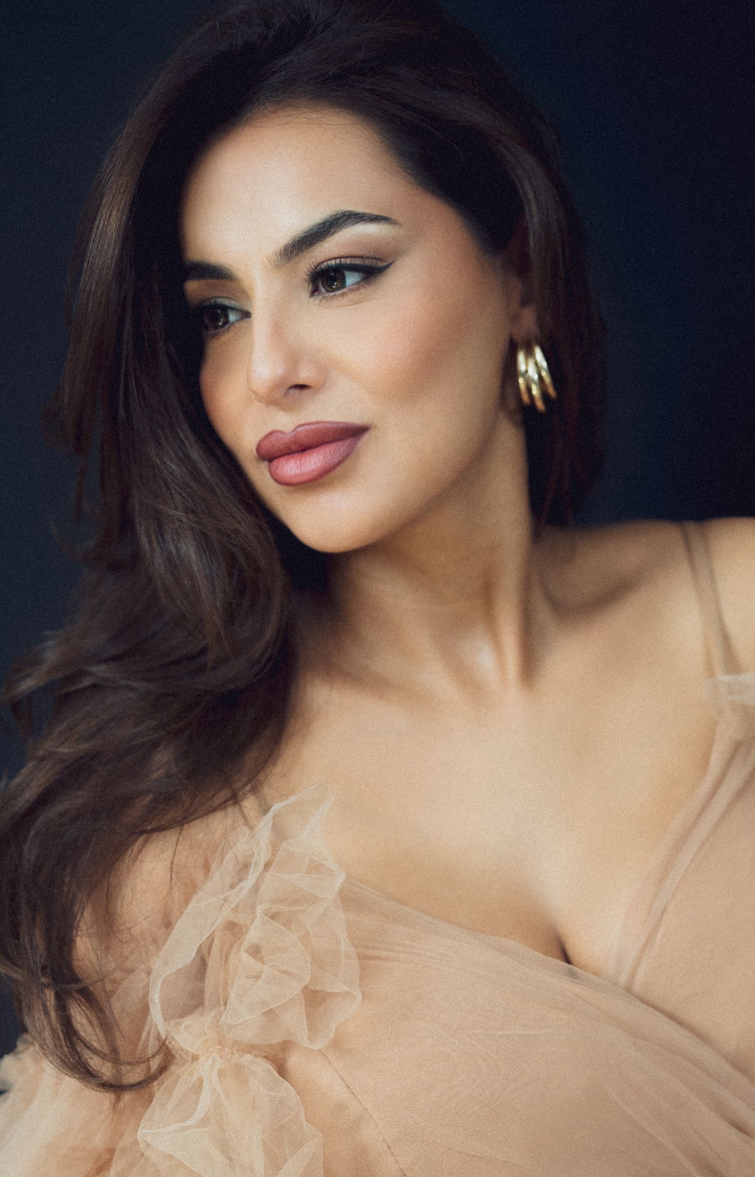 Glamorous beauty portrait series with soft lighting and neutral tones.