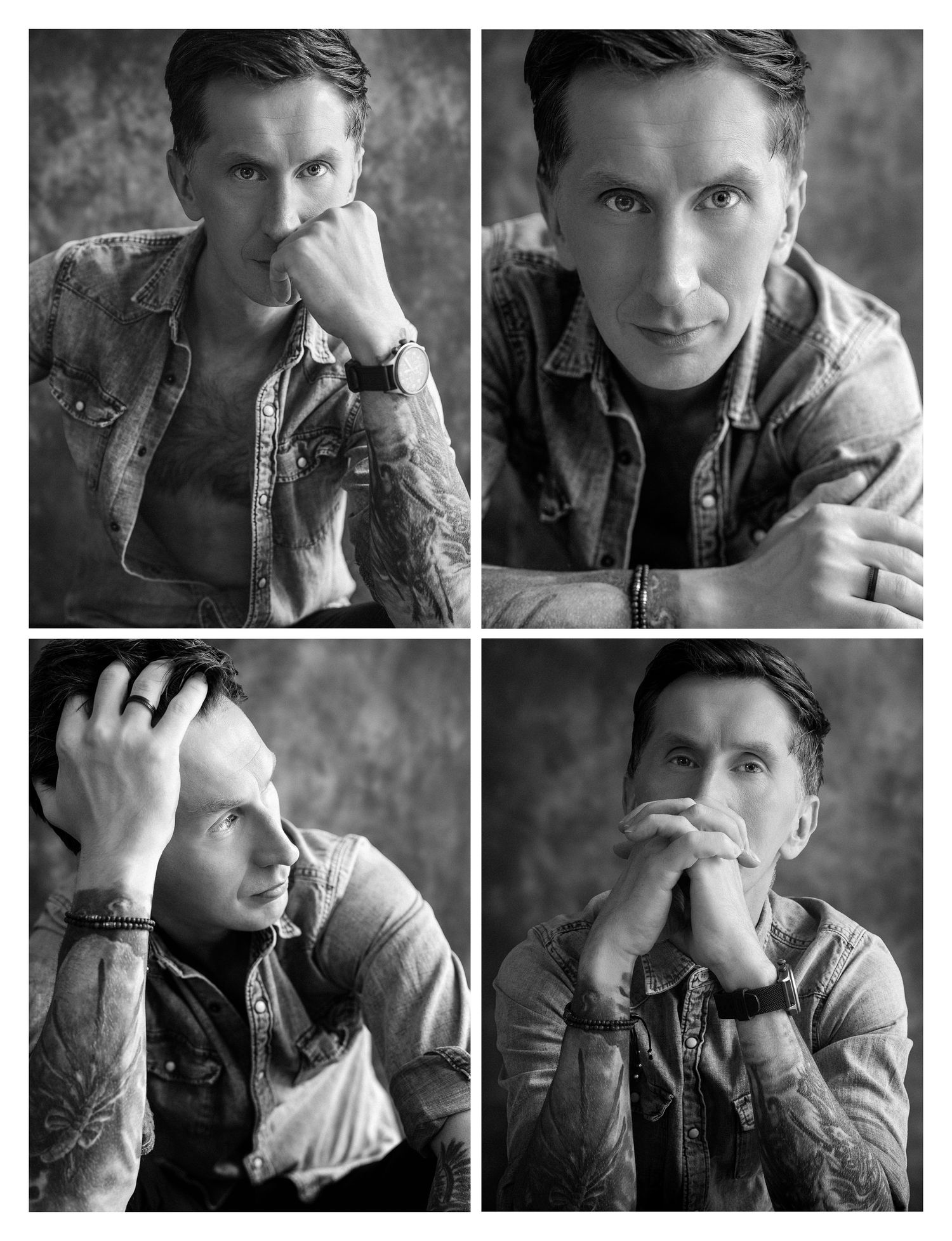 Black and white collage of a tattooed man in a denim shirt posing in four moody portrait shots.