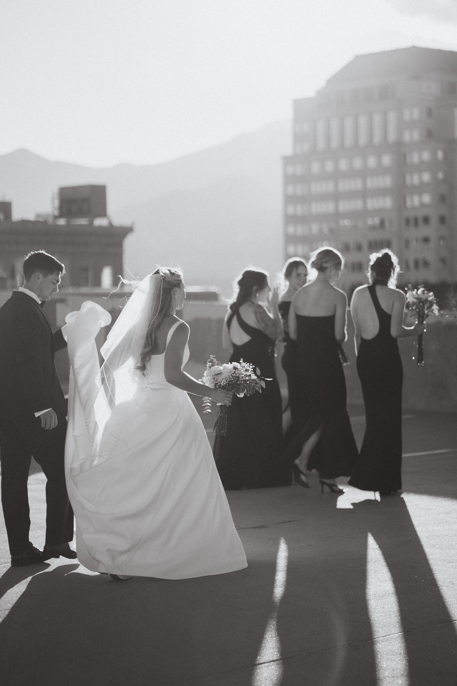 Bridal party on a roof in downtown Colorado Springs, CO.