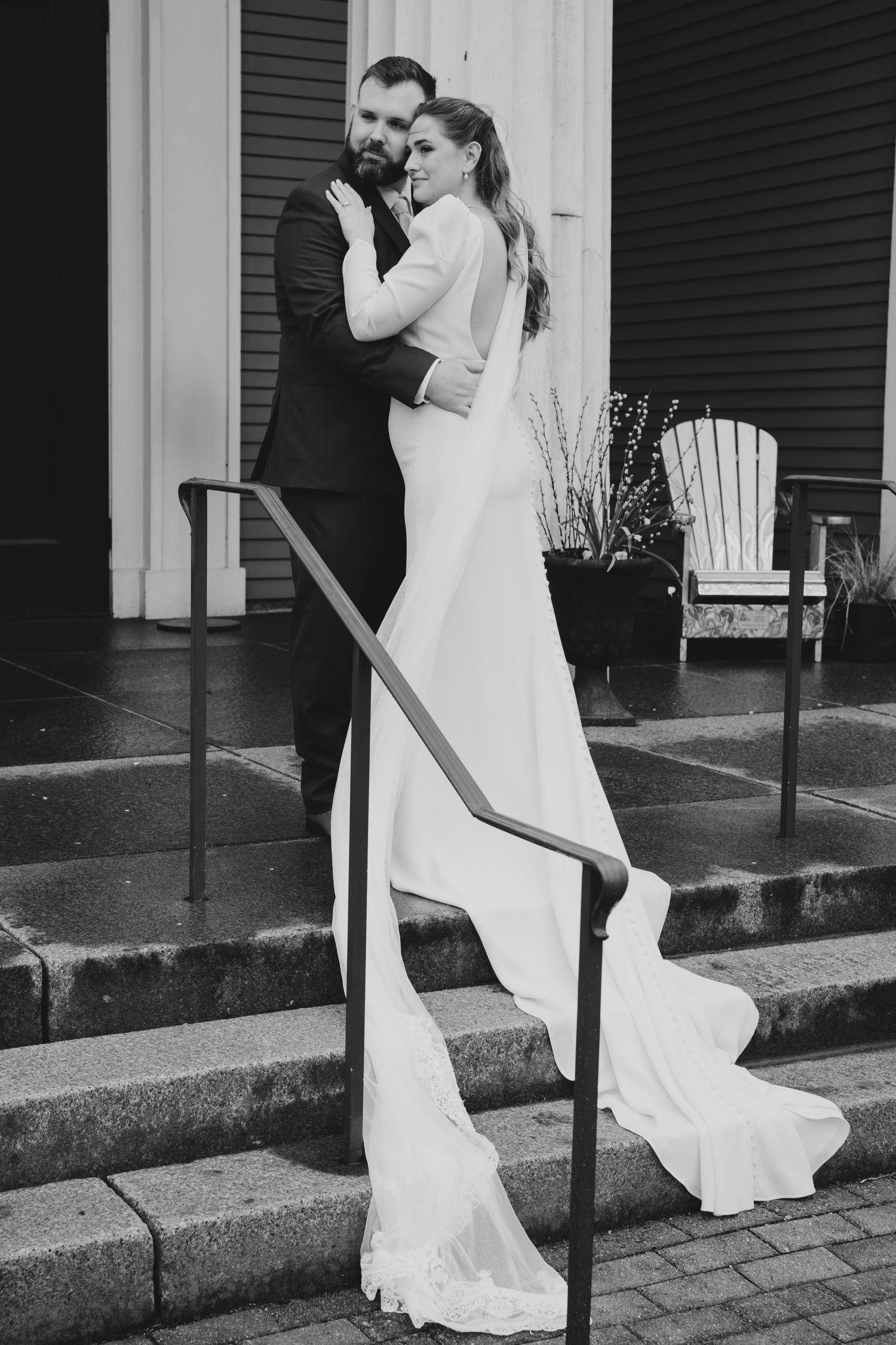 A newlywed couple at Sandwich City Hall in Sandwich, MA, Cape Cod.