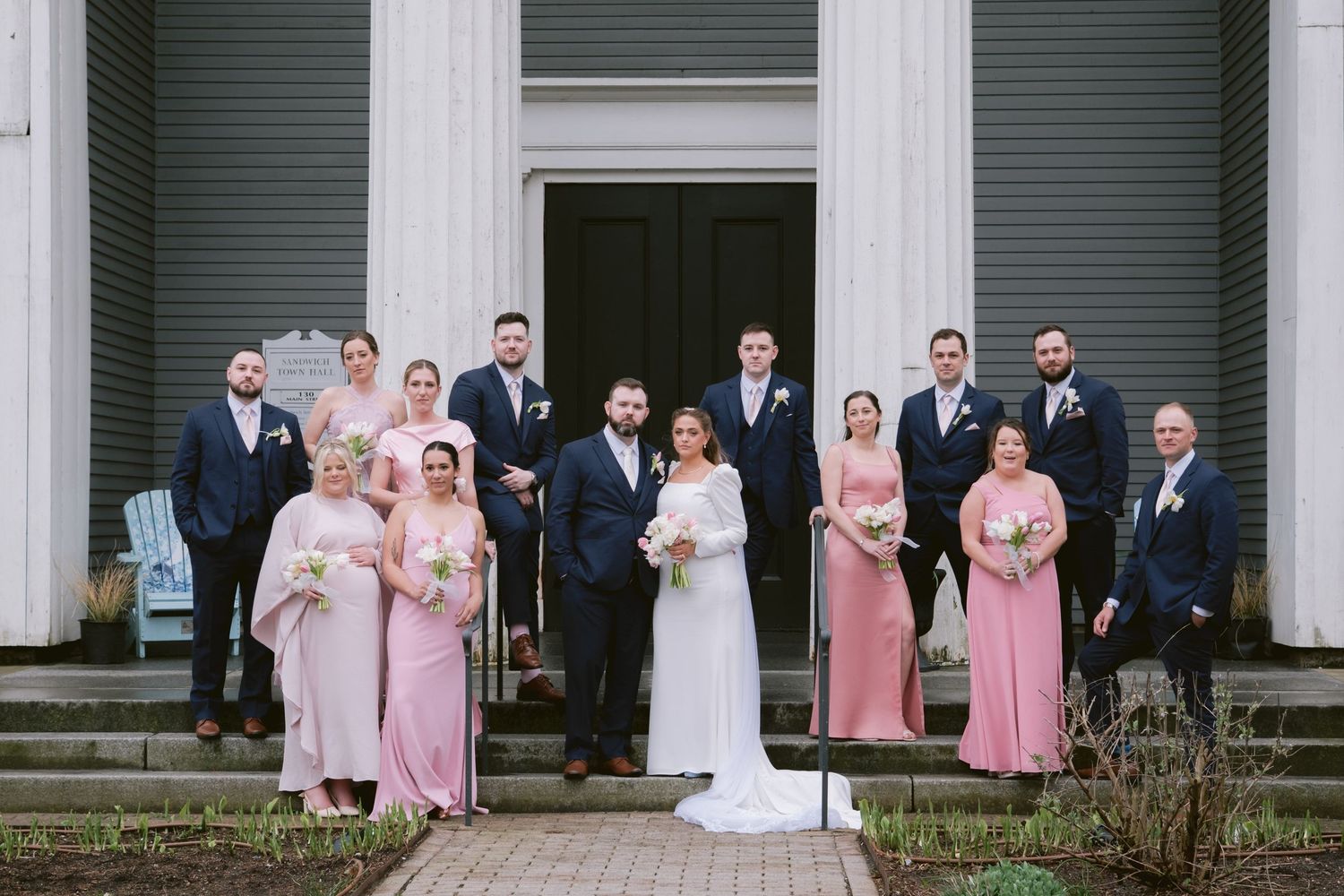 A newlywed couple and their bridal party at Sandwich City Hall in Sandwich, MA, Cape Cod.