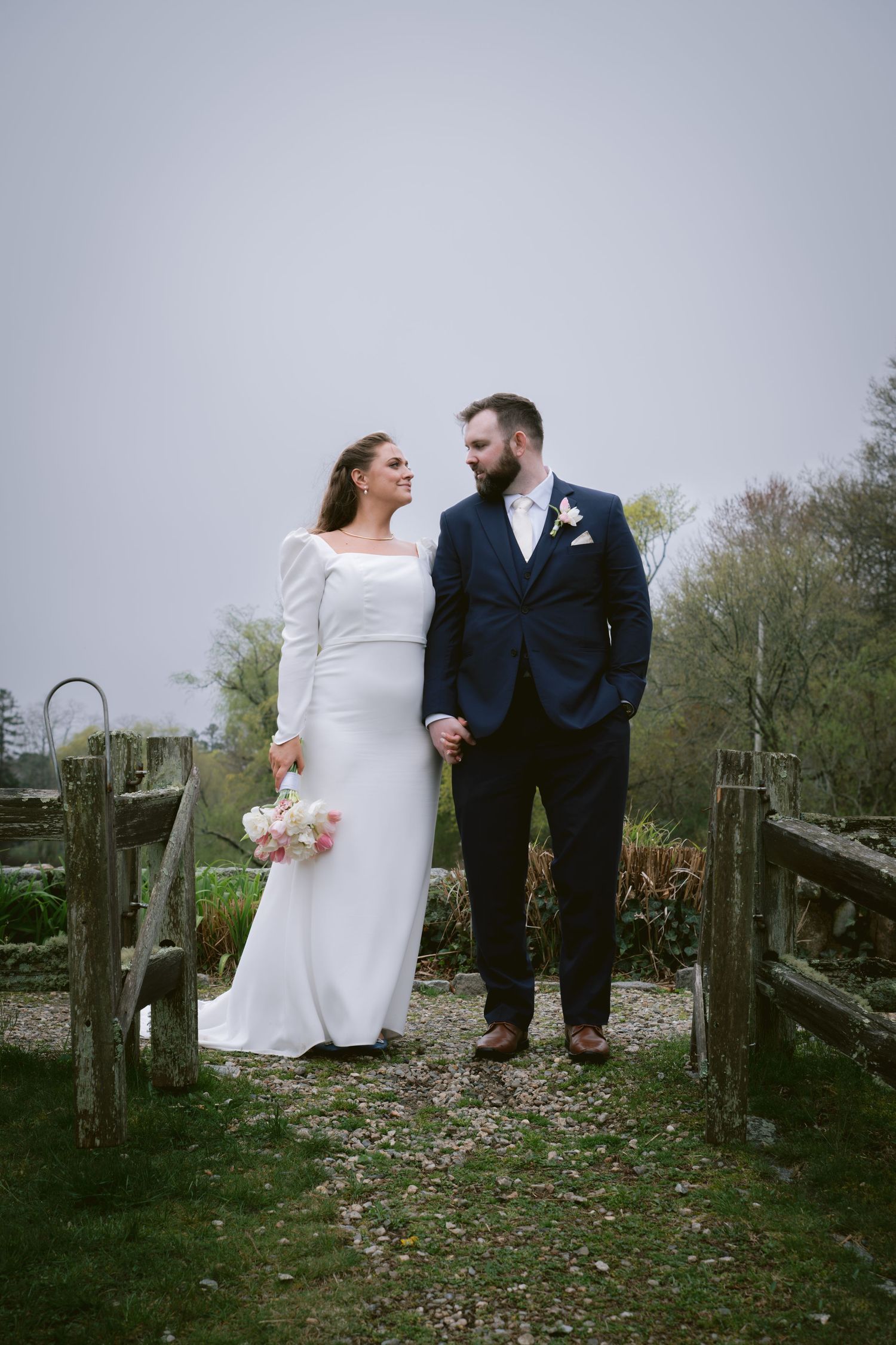 A newlywed couple at Dexter Grist Mill in Sandwich, MA, Cape Cod.