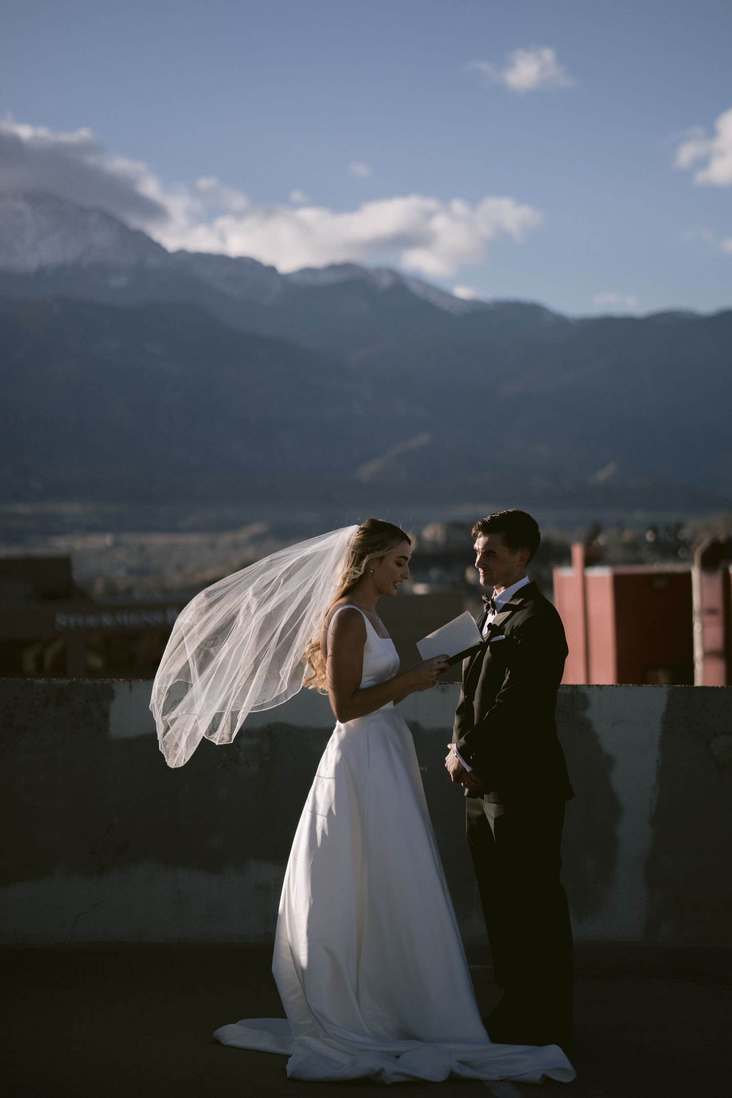 A couple on a rooftop in Colorado Springs, CO