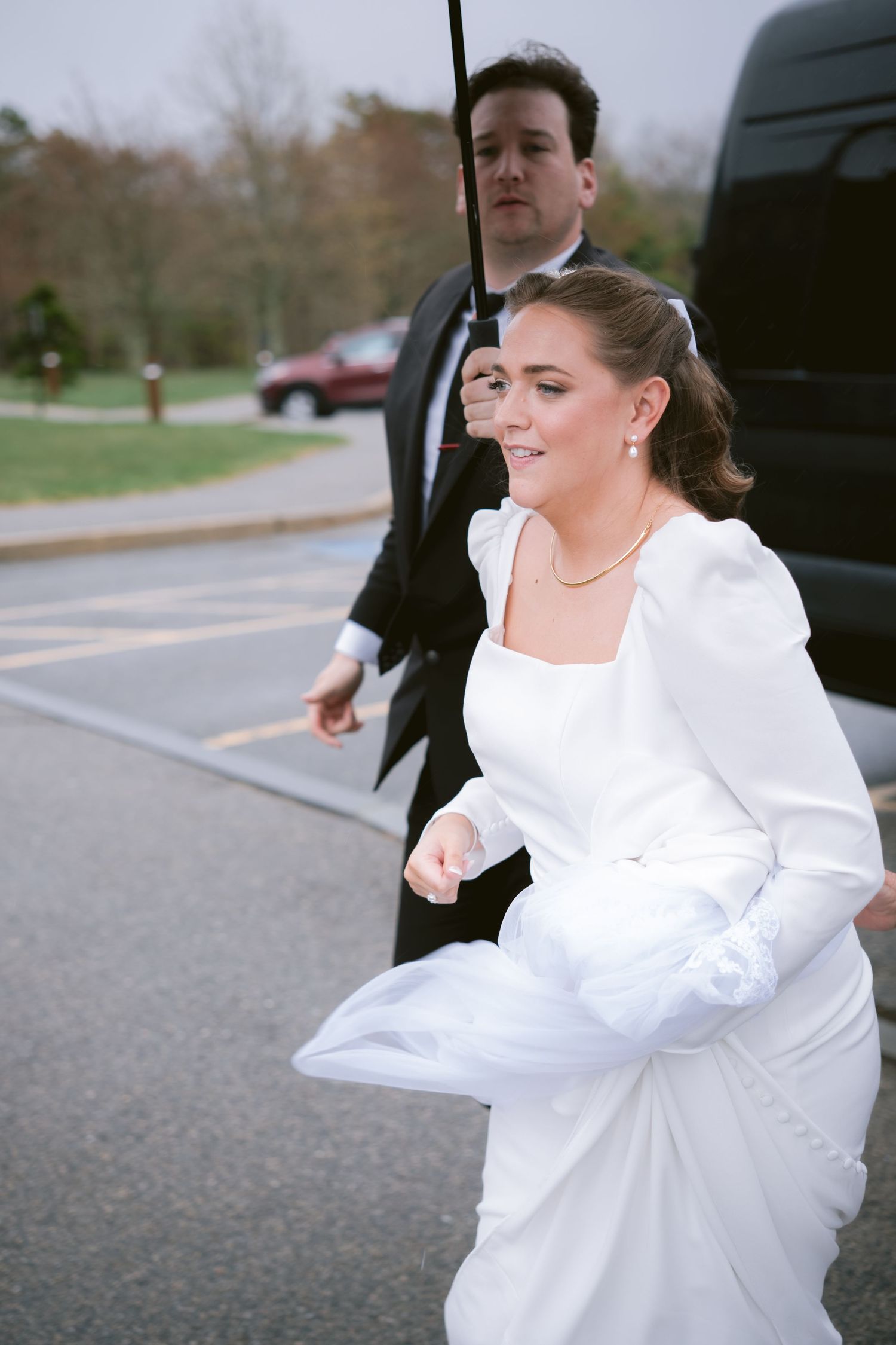 A bride arrives for her wedding in Cape Cod, Massachusetts.