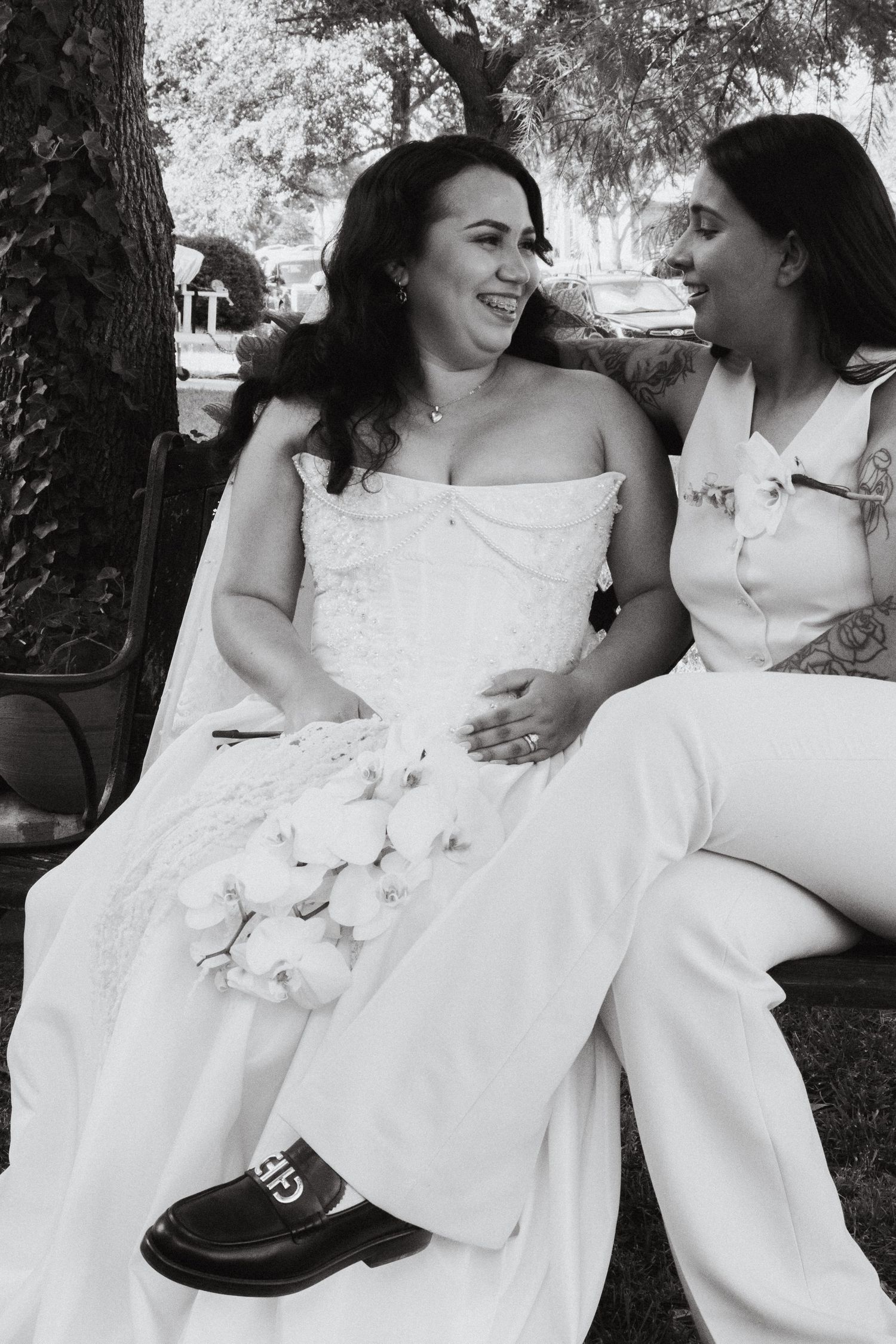 Two brides at their backyard wedding in Denton, TX