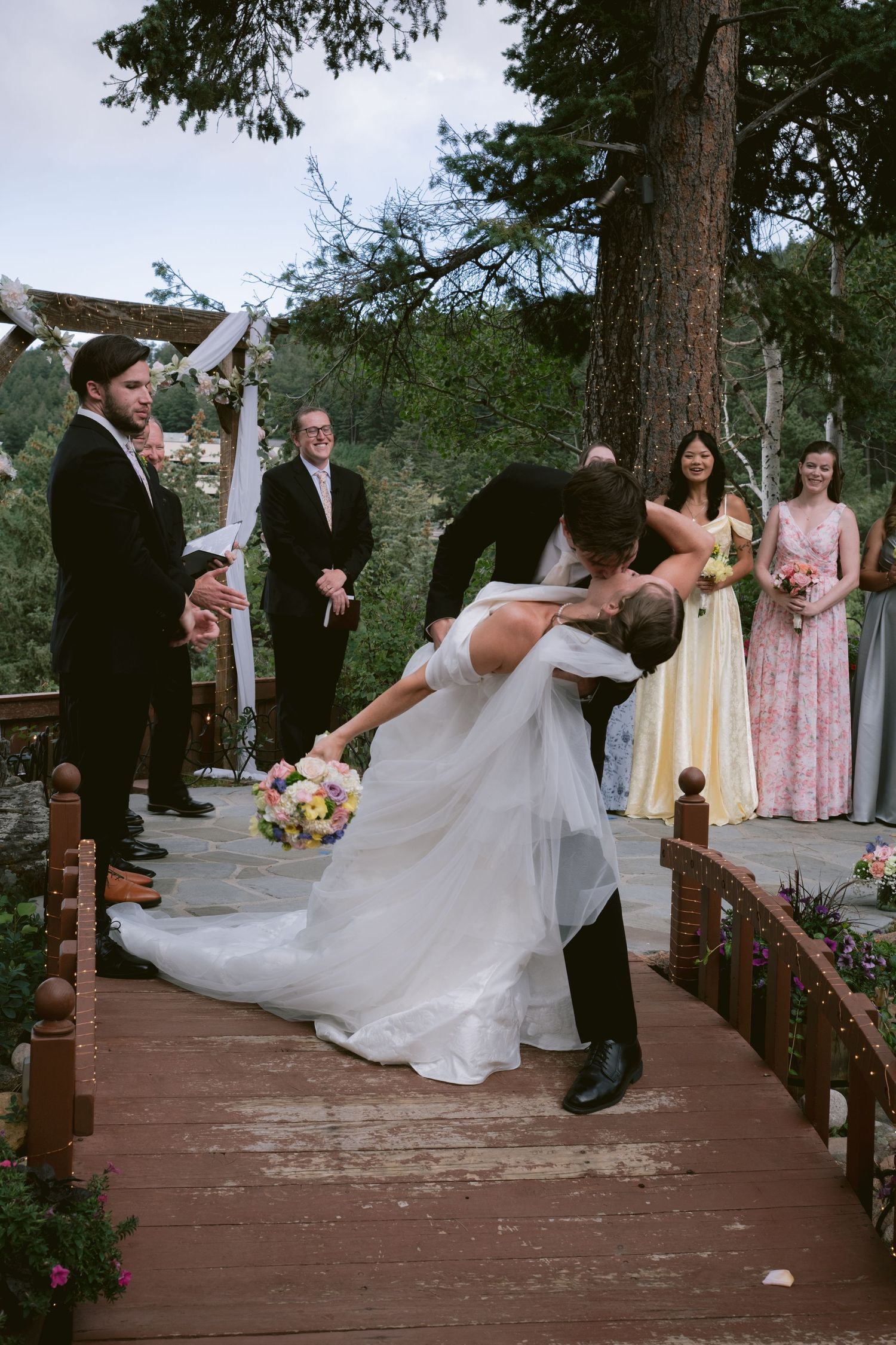 First kiss at a wedding at Christie's of Genesee in Golden, Colorado.