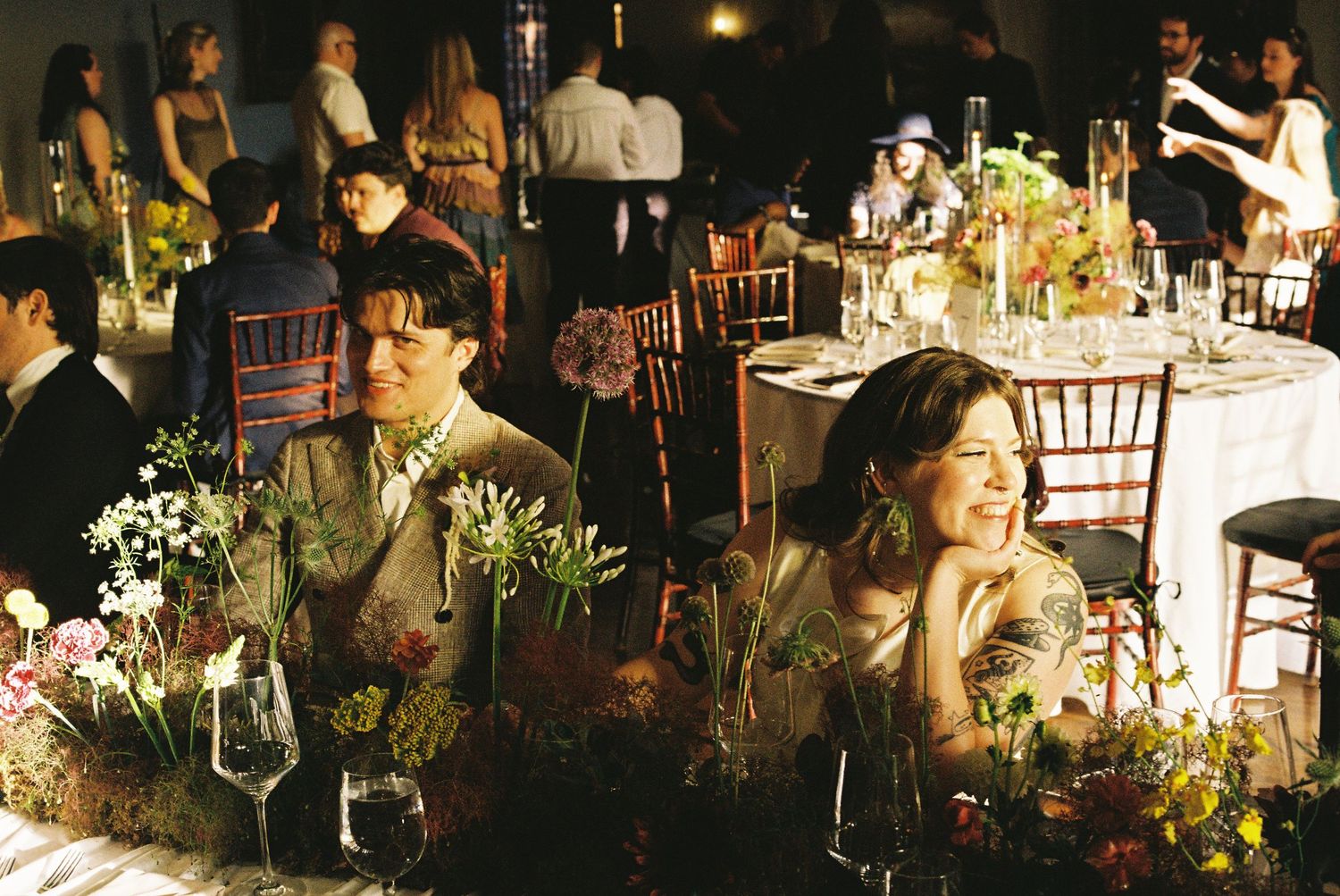 A couple on their wedding day right before dinner