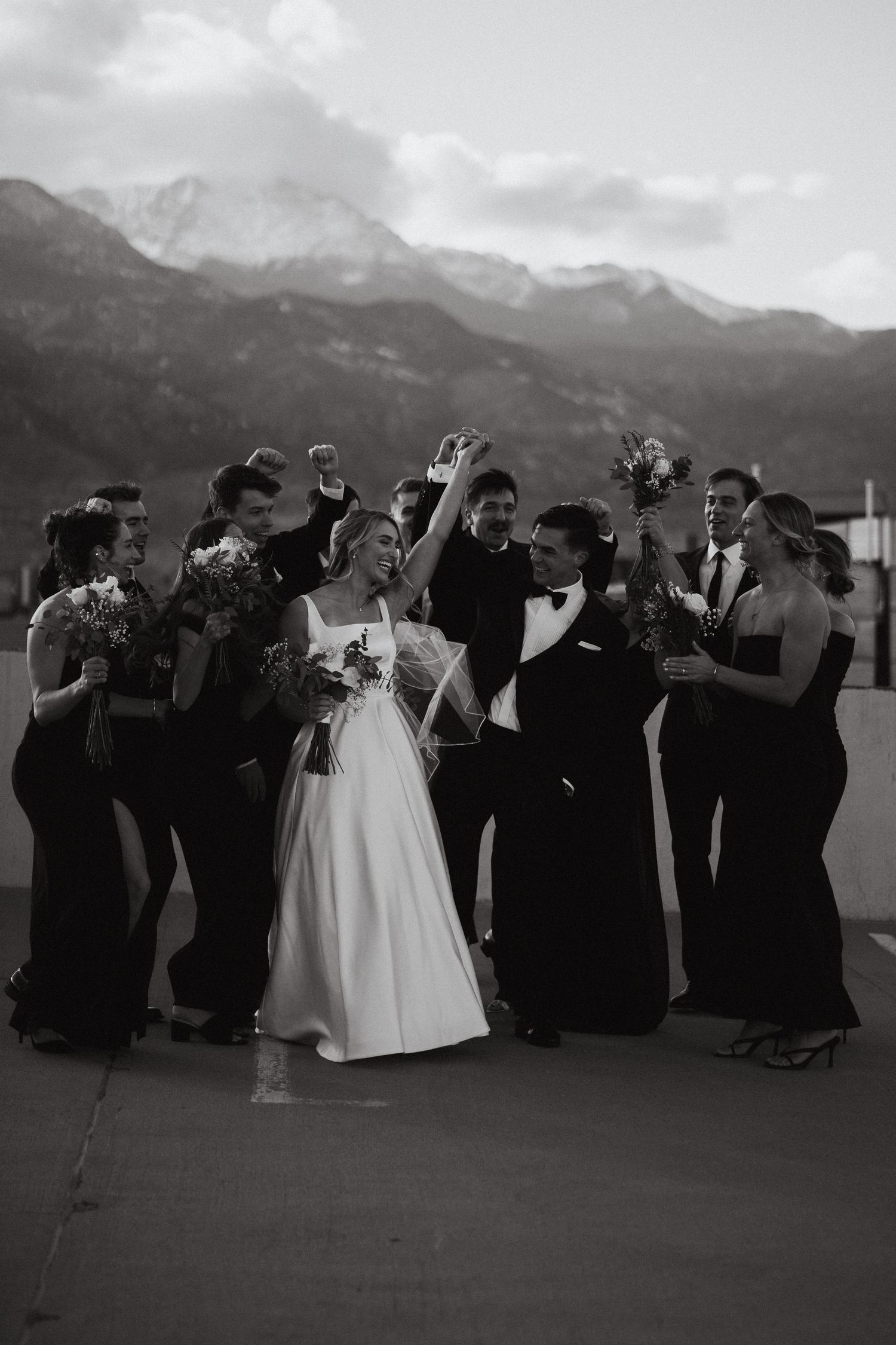 A wedding party on a rooftop in Colorado Springs, CO