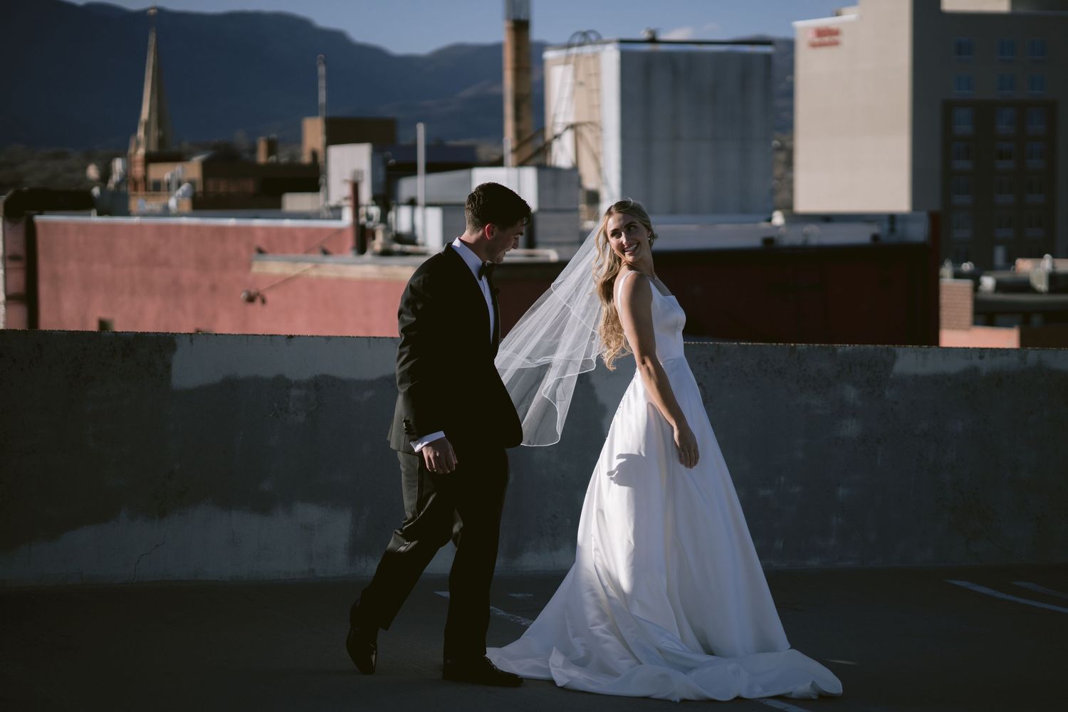 A couple on a rooftop in Colorado Springs, CO