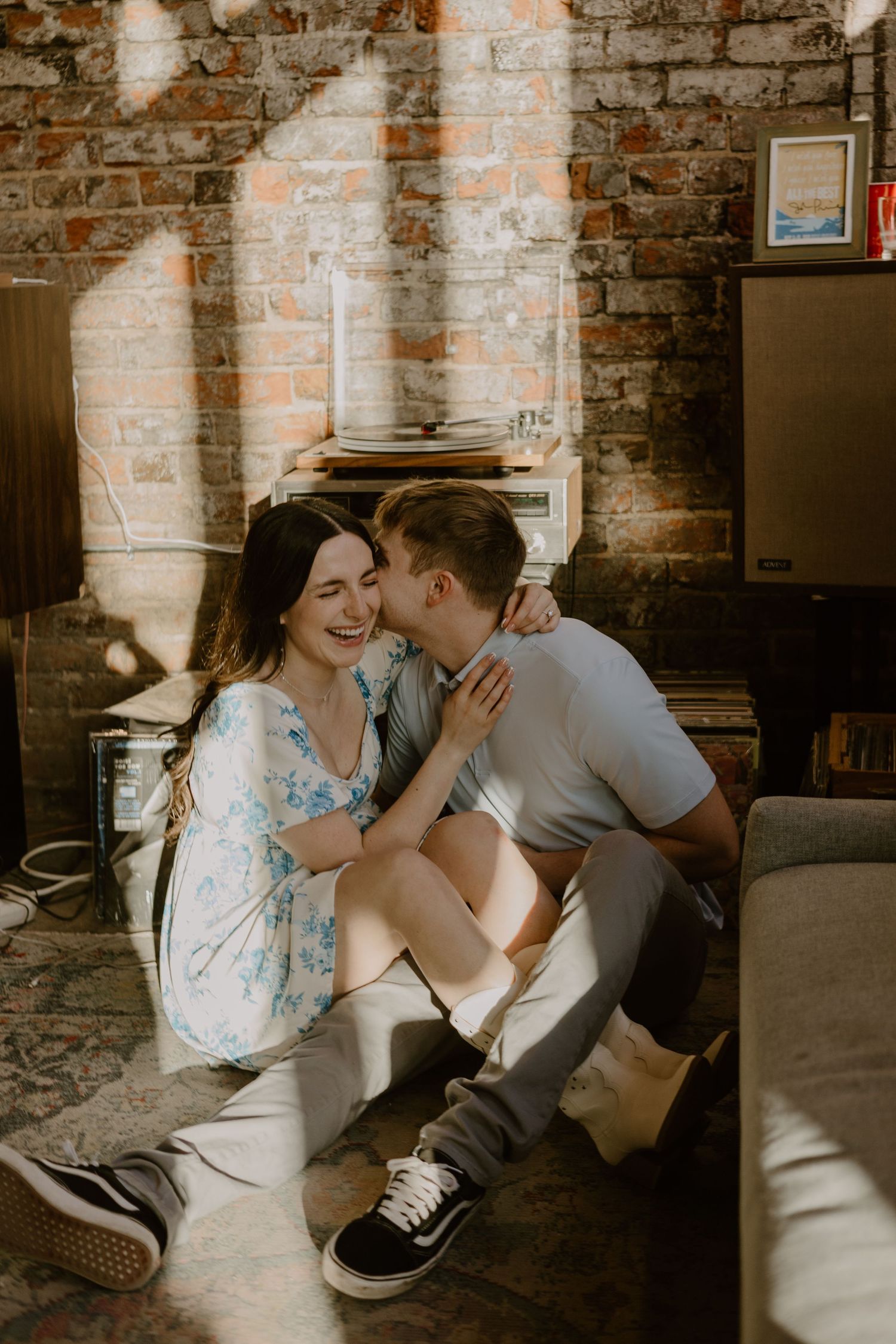 Old Market Omaha Nebraska, Couple engagement session in Vinyl Records.