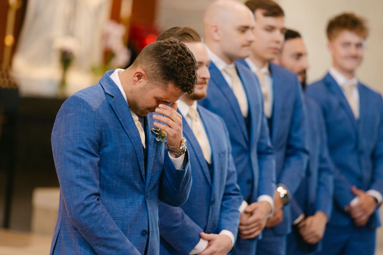 Groom’s emotional reaction seeing bride walk down the aisle at North American Martyrs Church Lincoln