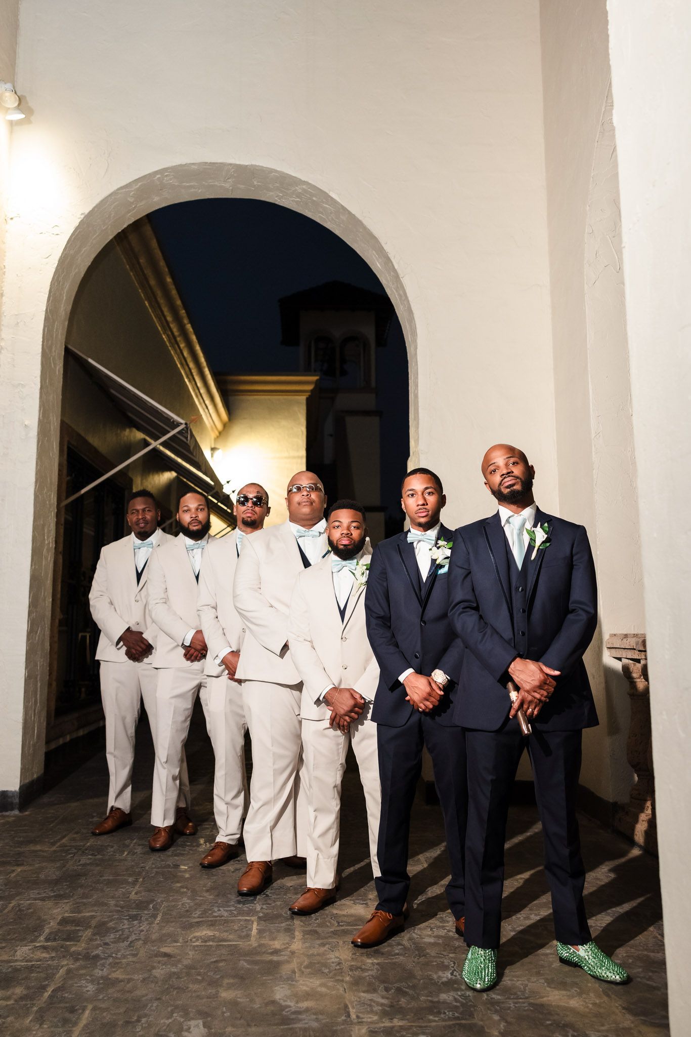 Wedding party portrait at blue hour, The Bell Tower on 34th staircase