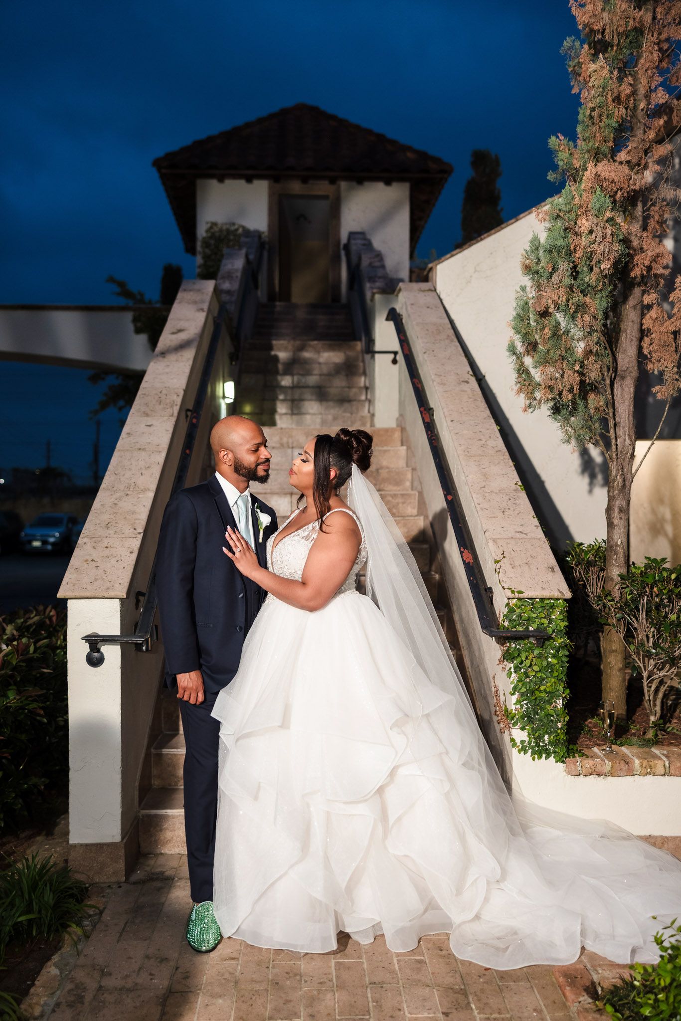Wedding party portrait at blue hour, The Bell Tower on 34th staircase