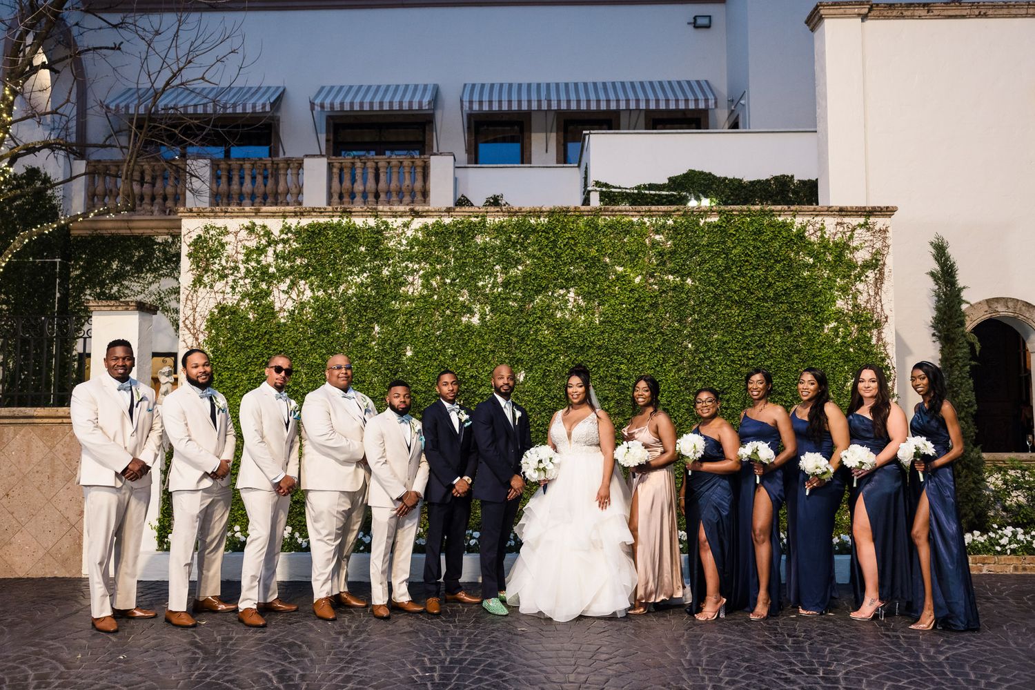 Wedding party portrait at blue hour, The Bell Tower on 34th staircase