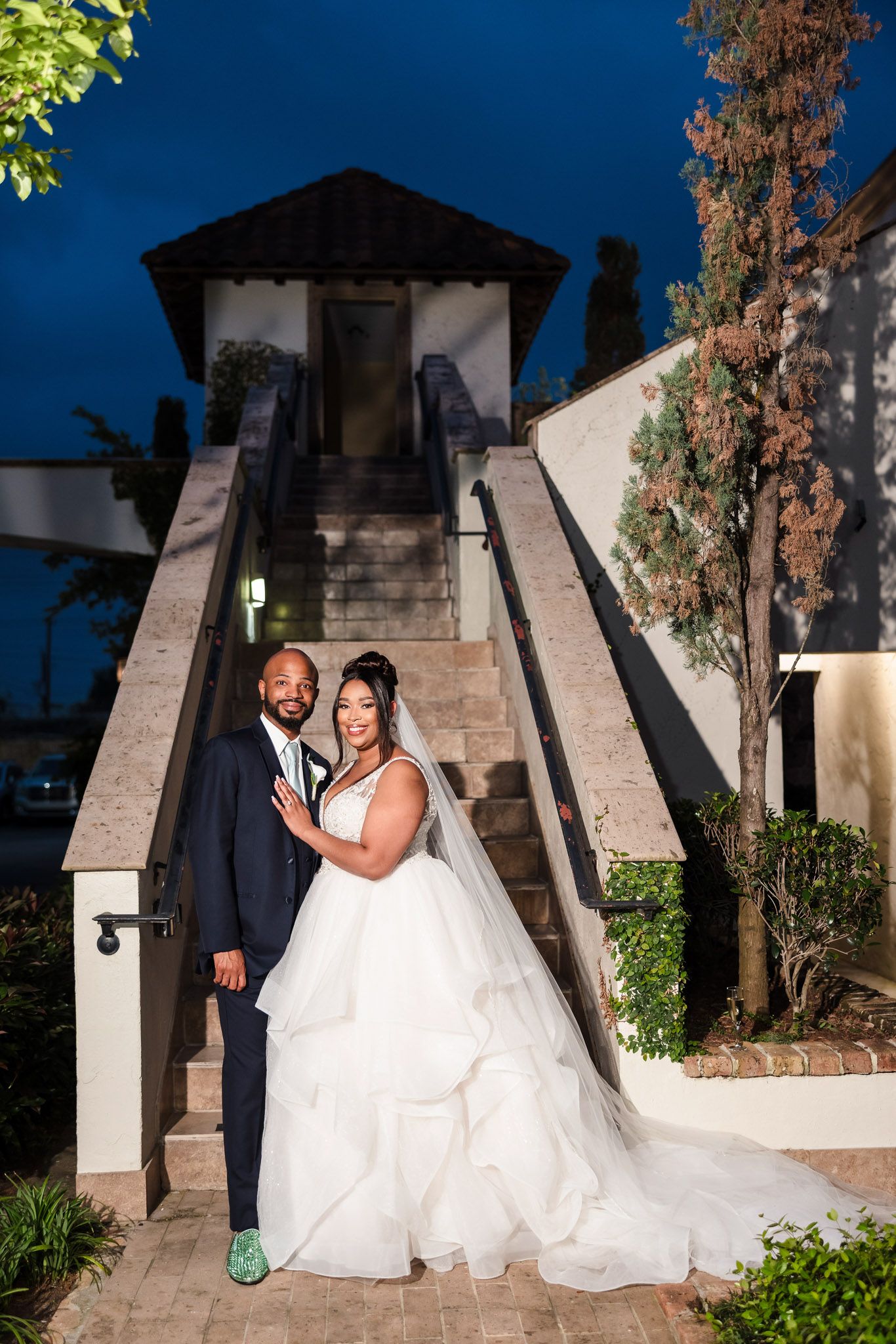Wedding party portrait at blue hour, The Bell Tower on 34th staircase