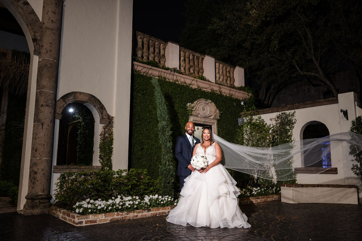 Wedding party portrait at blue hour, The Bell Tower on 34th staircase
