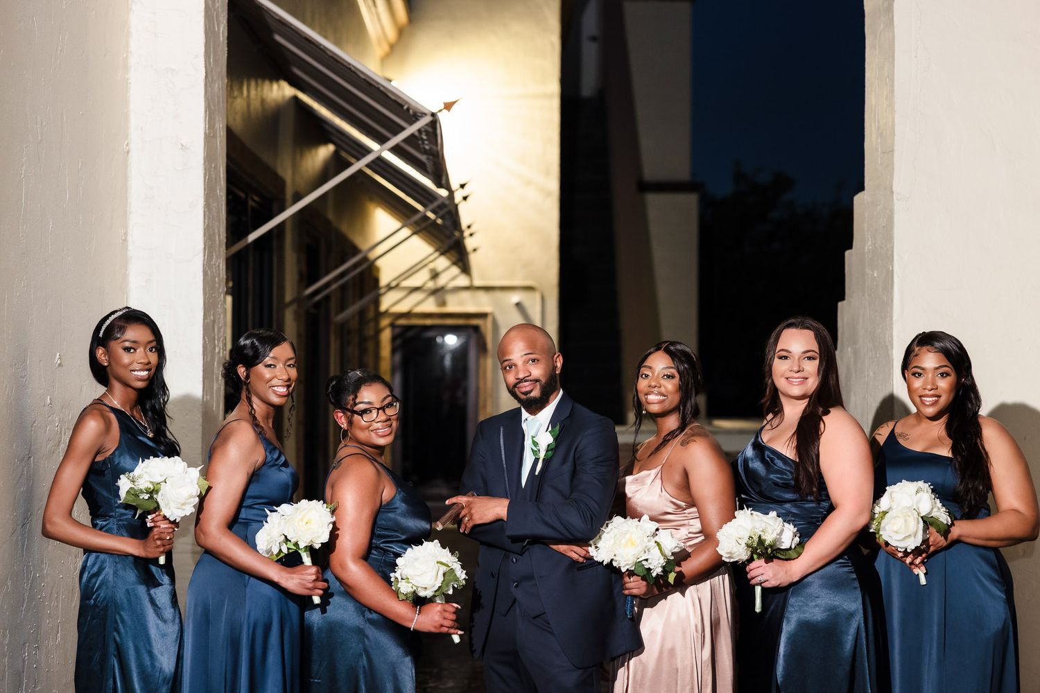 Wedding party portrait at blue hour, The Bell Tower on 34th staircase