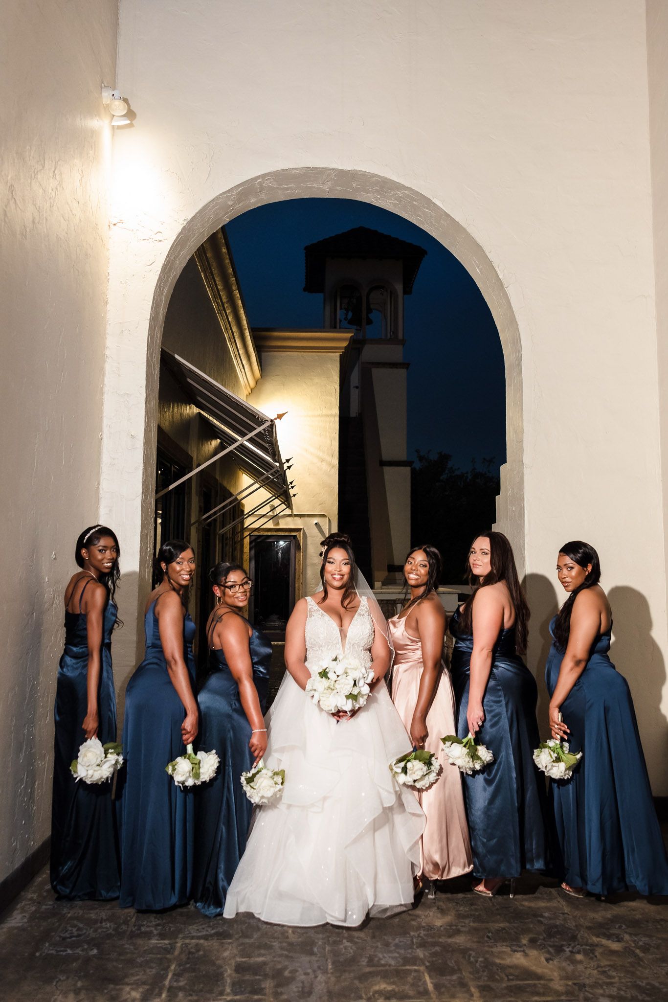 Wedding party portrait at blue hour, The Bell Tower on 34th staircase