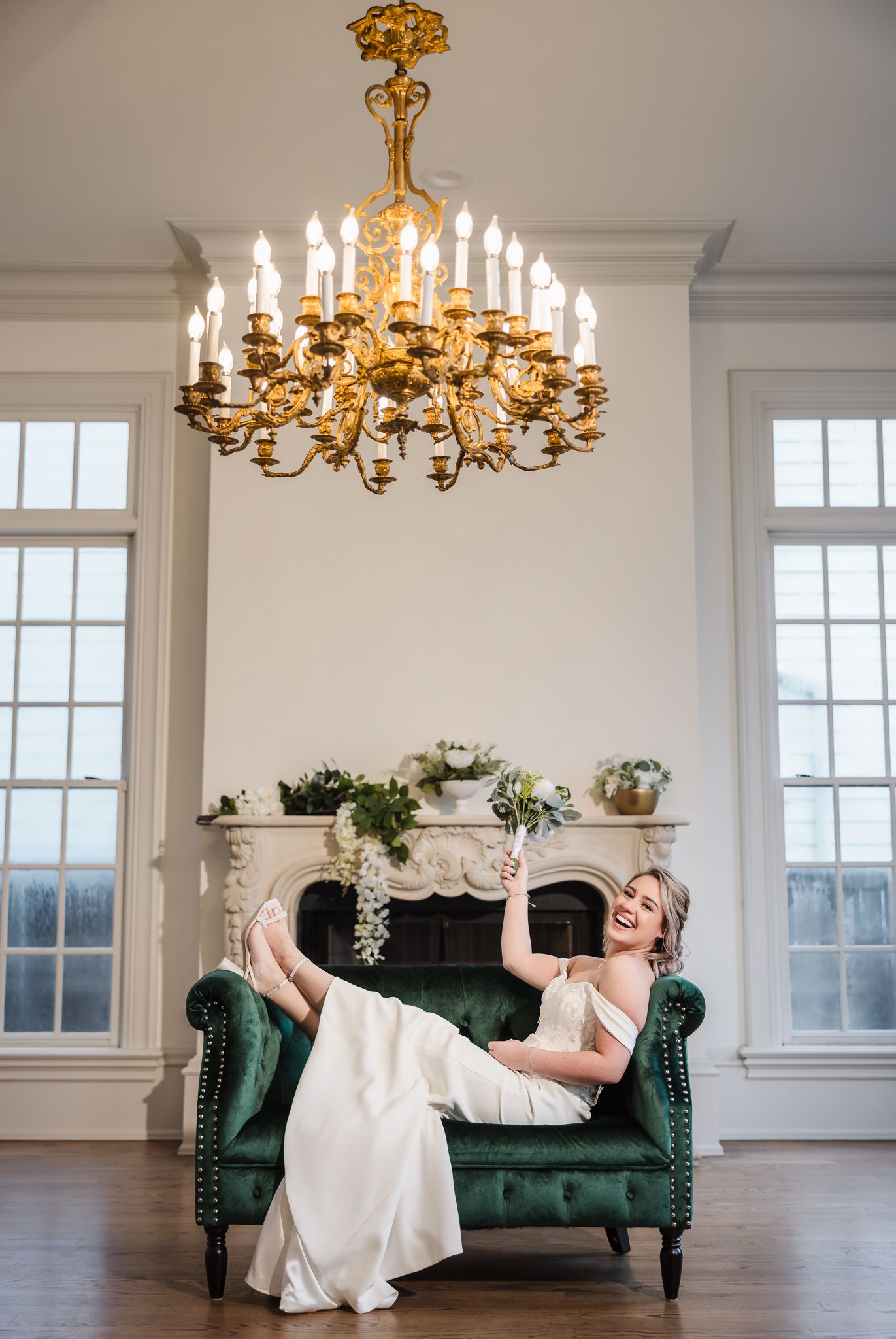 Bridal portrait with bouquet of white roses